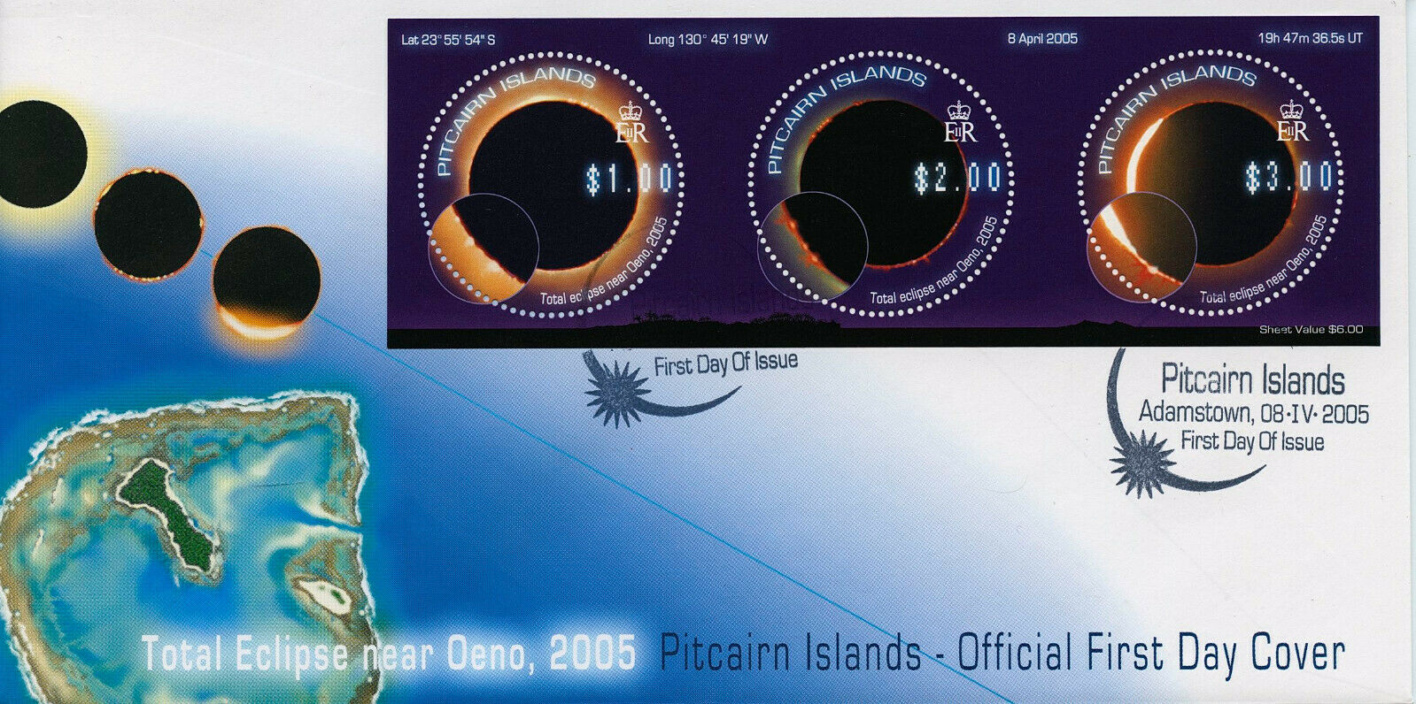 Pitcairn Islands 2005 FDC Space Stamps Total Solar Eclipse Oeno Astronomy 3v M/S