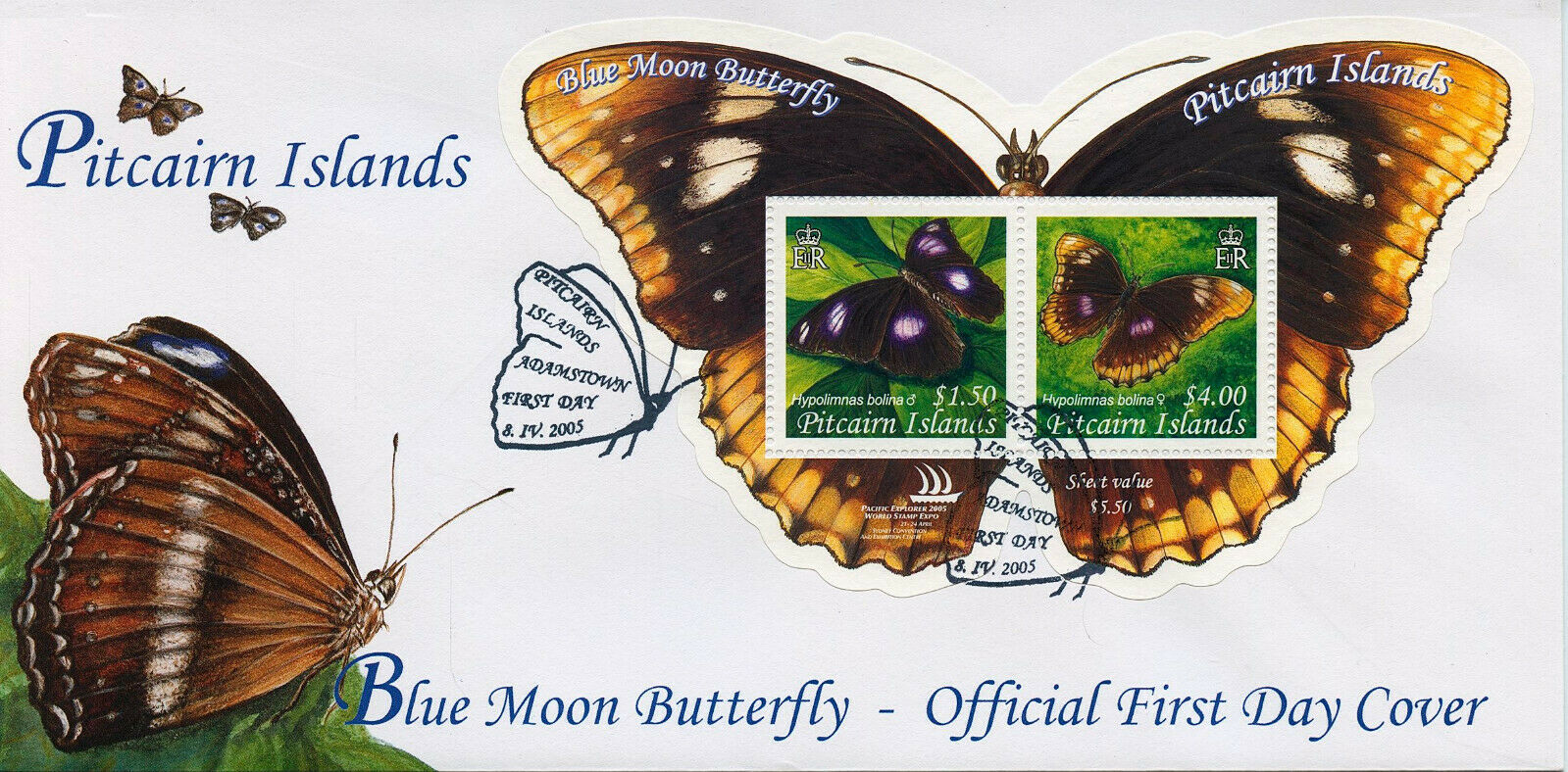 Pitcairn Islands 2005 FDC Butterflies Stamps Blue Moon Butterfly 2v M/S