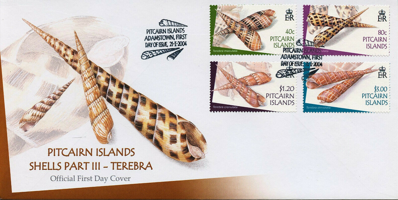 Pitcairn Islands 2004 FDC Seashells Stamps Terebra Shells Marine 4v Set
