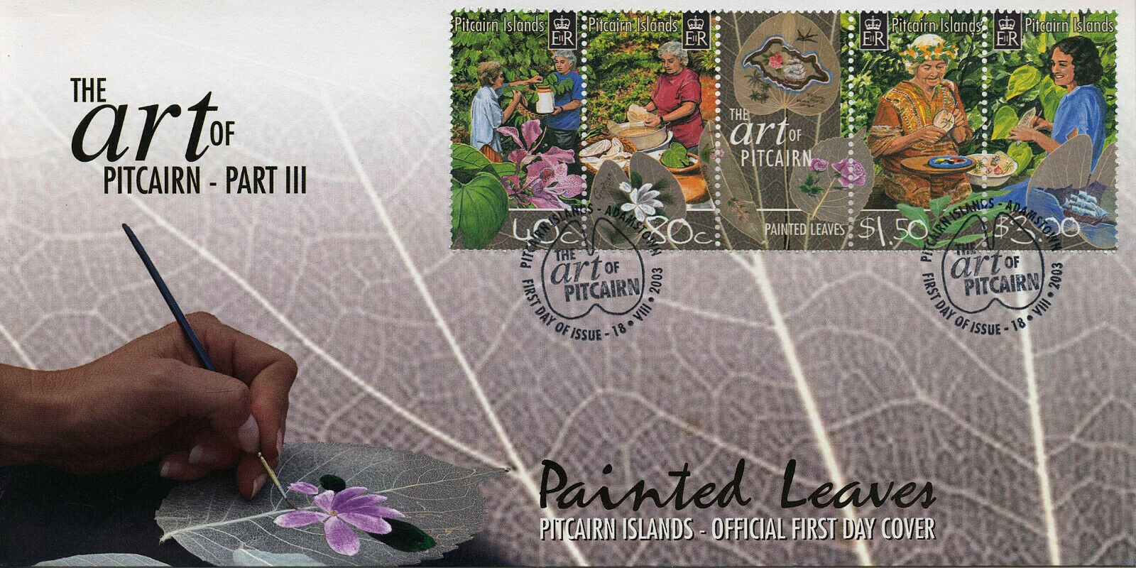 Pitcairn Islands 2003 FDC Art Stamps Painted Leaves Handicrafts Crafts 4v Strip