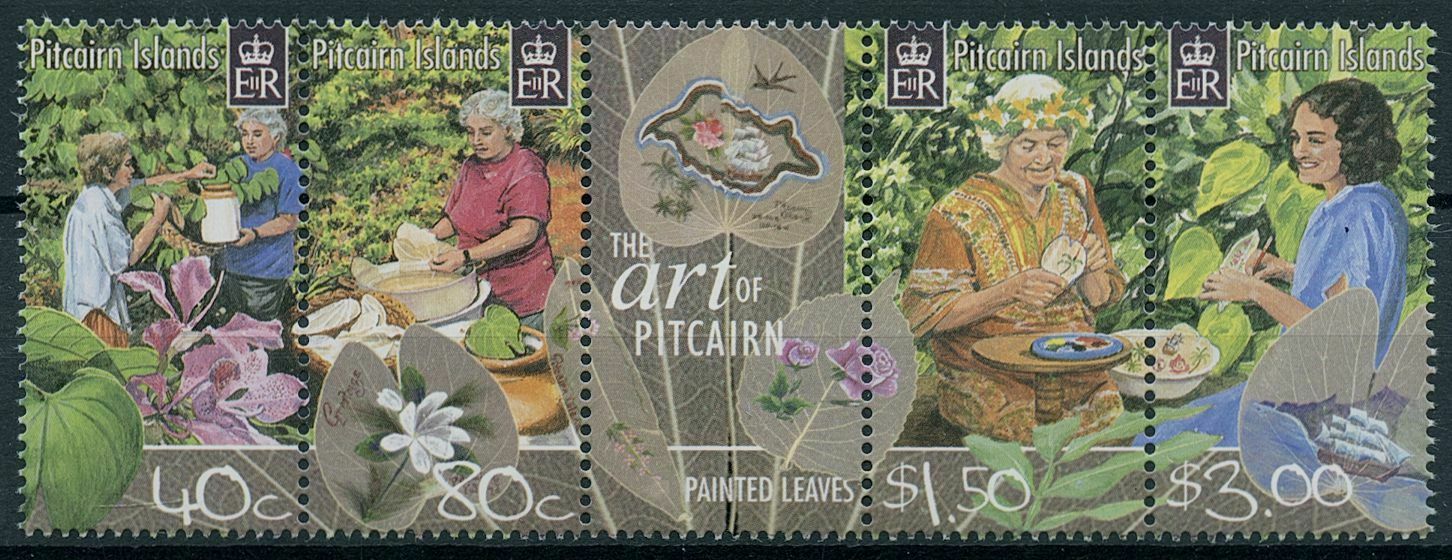 Pitcairn Islands 2003 MNH Art Stamps Painted Leaves Handicrafts Crafts 4v Strip