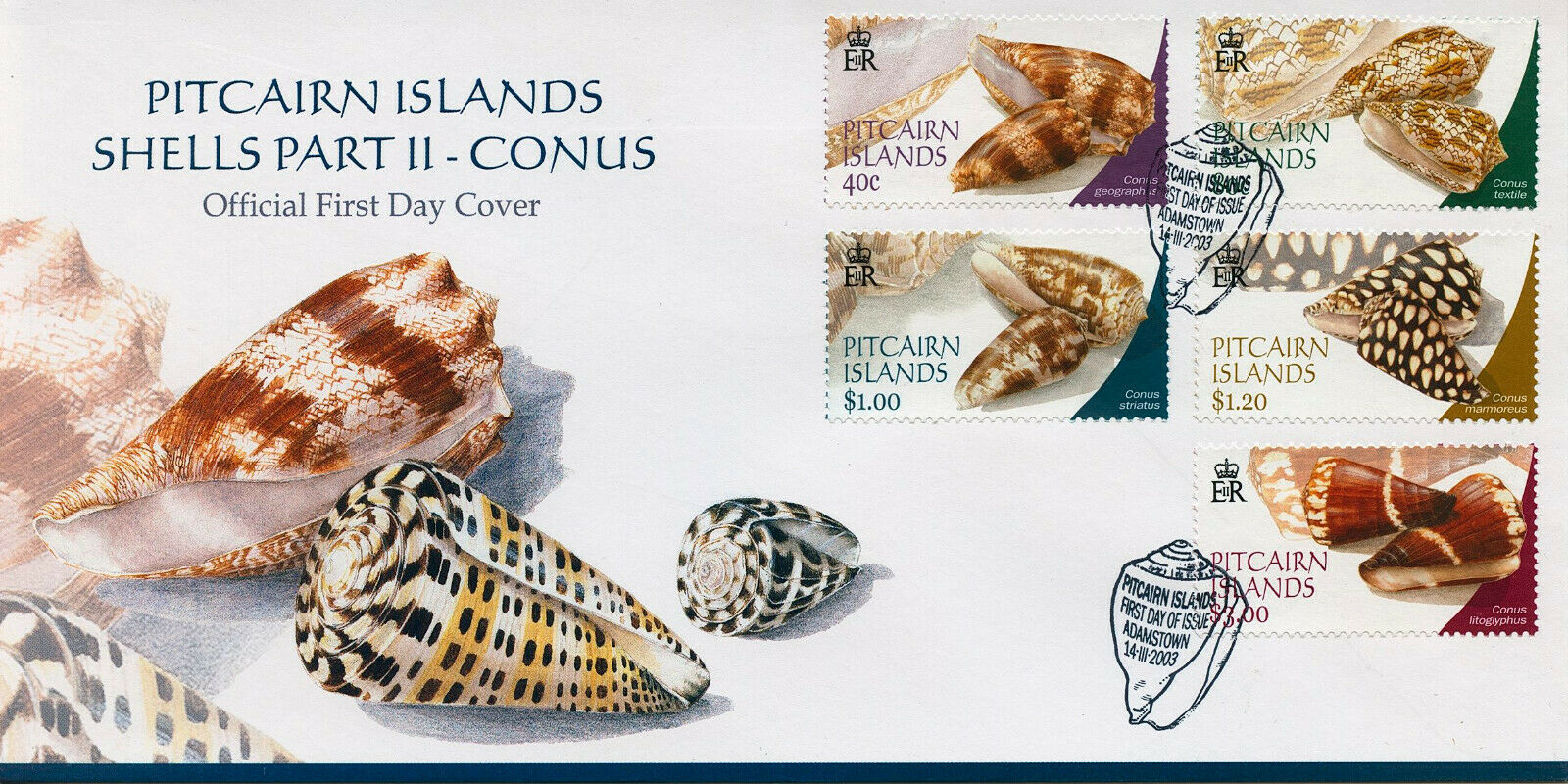 Pitcairn Islands 2003 FDC Seashells Stamps Conus Shells Marine 5v Set