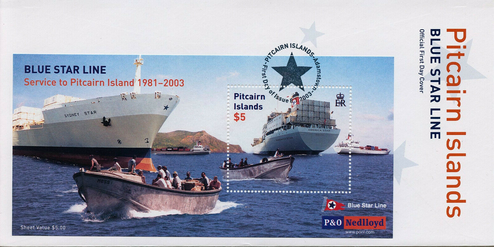 Pitcairn Islands 2003 FDC Ships Stamps Blue Star Line P&O Nedlloyd 1v M/S