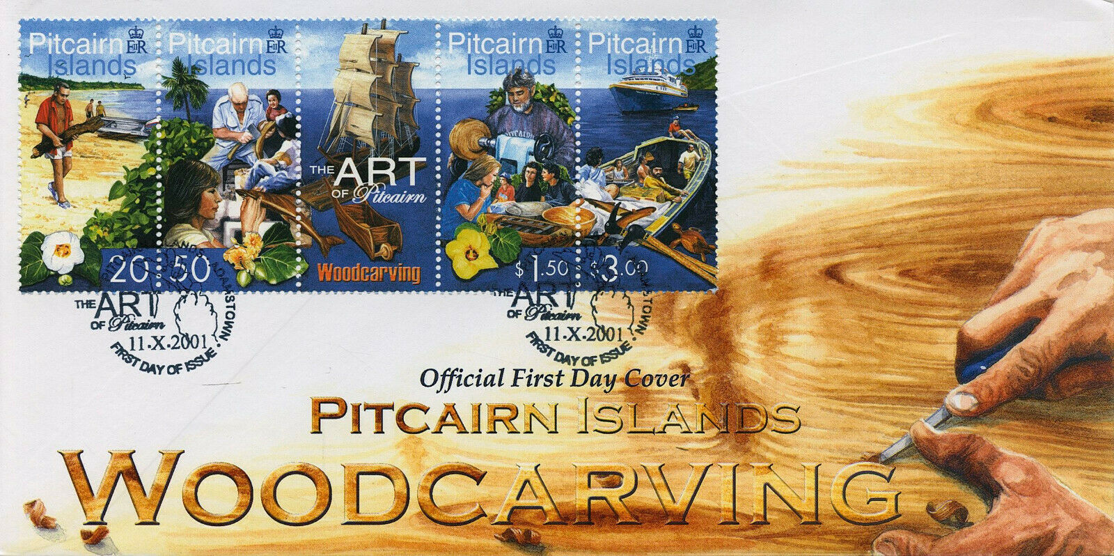 Pitcairn Islands 2001 FDC Art Stamps Woodcarving Crafts Ships Boats 4v Strip