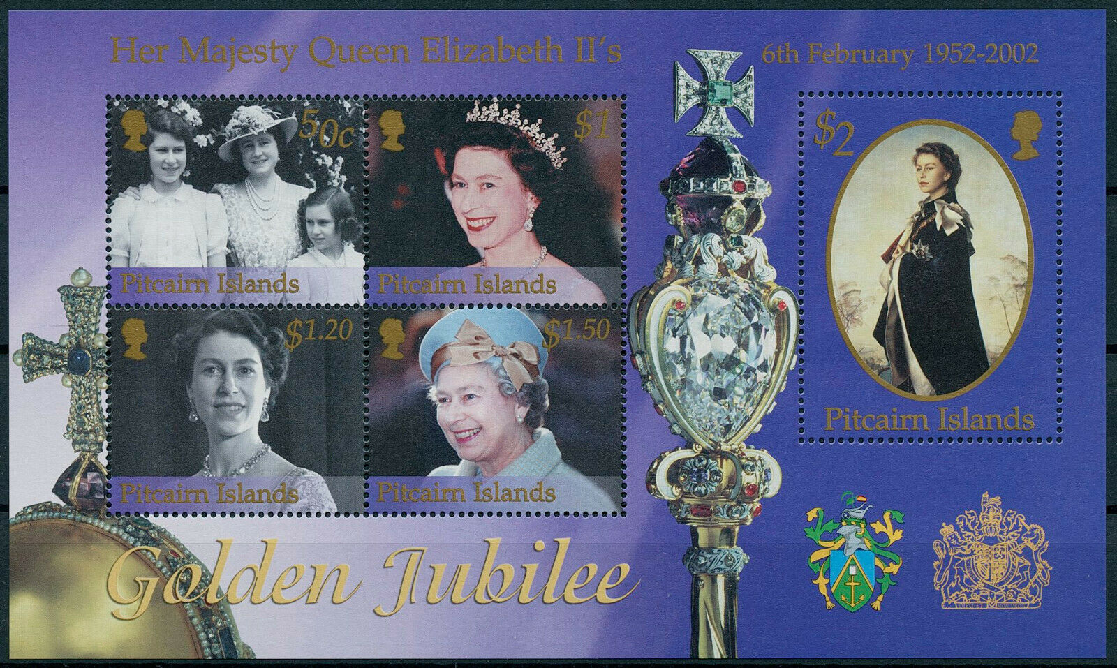 Pitcairn Islands 2002 MNH Royalty Stamps Queen Elizabeth II Golden Jubilee 5v MS