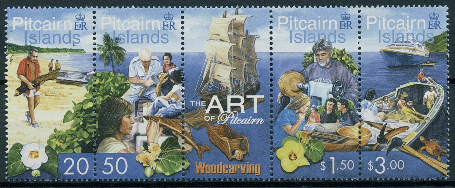 Pitcairn Islands 2001 MNH Art Stamps Woodcarving Crafts Ships Boats 4v Strip