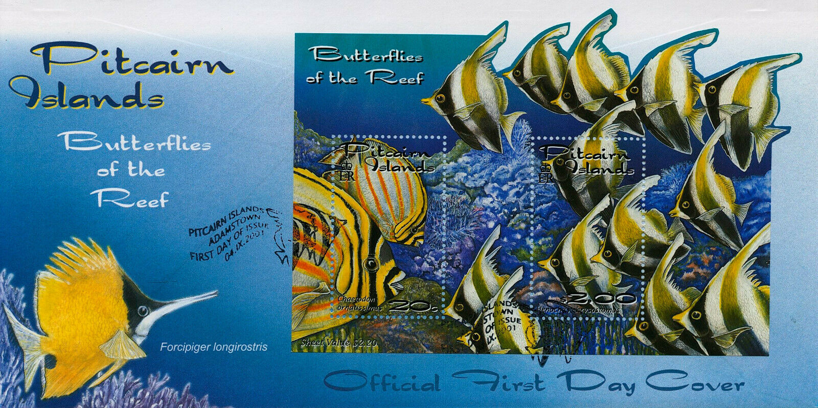 Pitcairn Islands 2001 FDC Reef Fish Stamps Fishes Butterflyfish 2v M/S