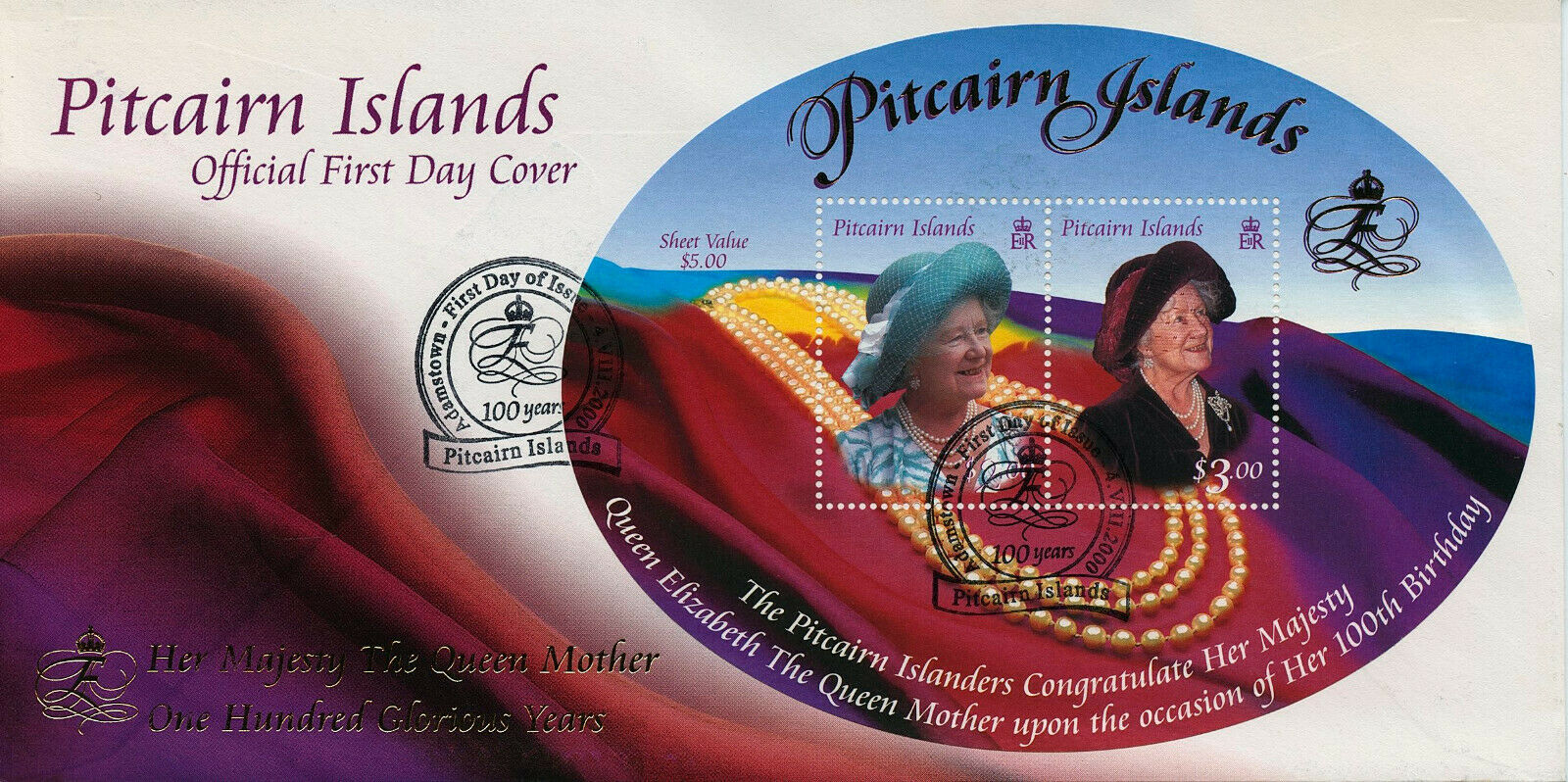 Pitcairn Islands 2000 FDC Royalty Stamps Queen Mother 100th Birthday 2v M/S