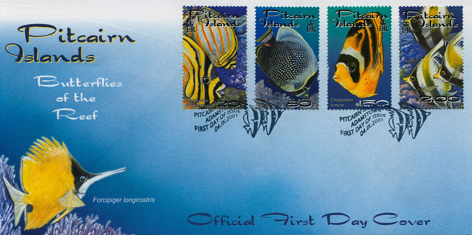 Pitcairn Islands 2001 FDC Reef Fish Stamps Fishes Butterflyfish 4v Set