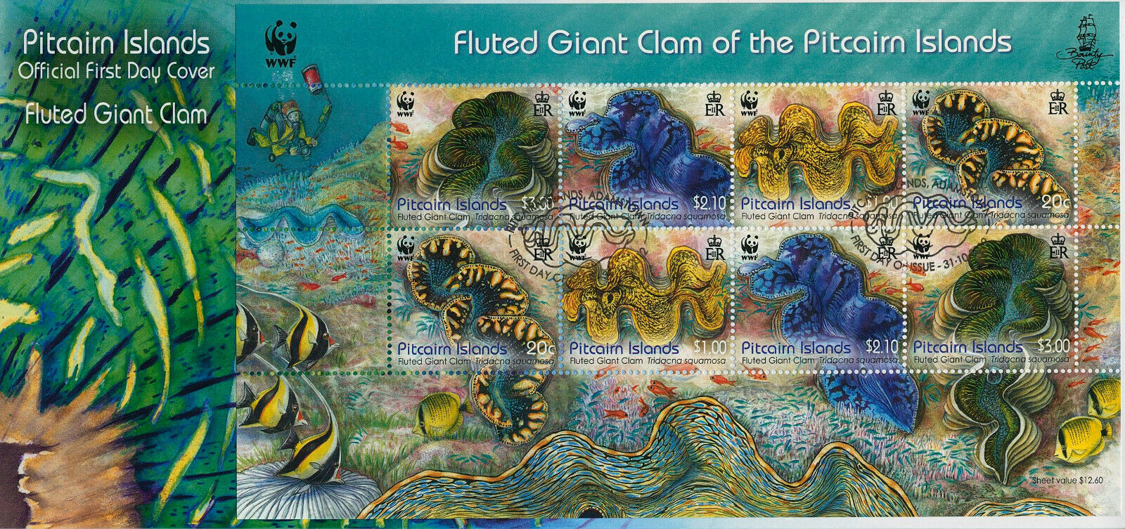 Pitcairn Islands 2012 FDC WWF Stamps Fluted Giant Clam Marine Animals 8v M/S