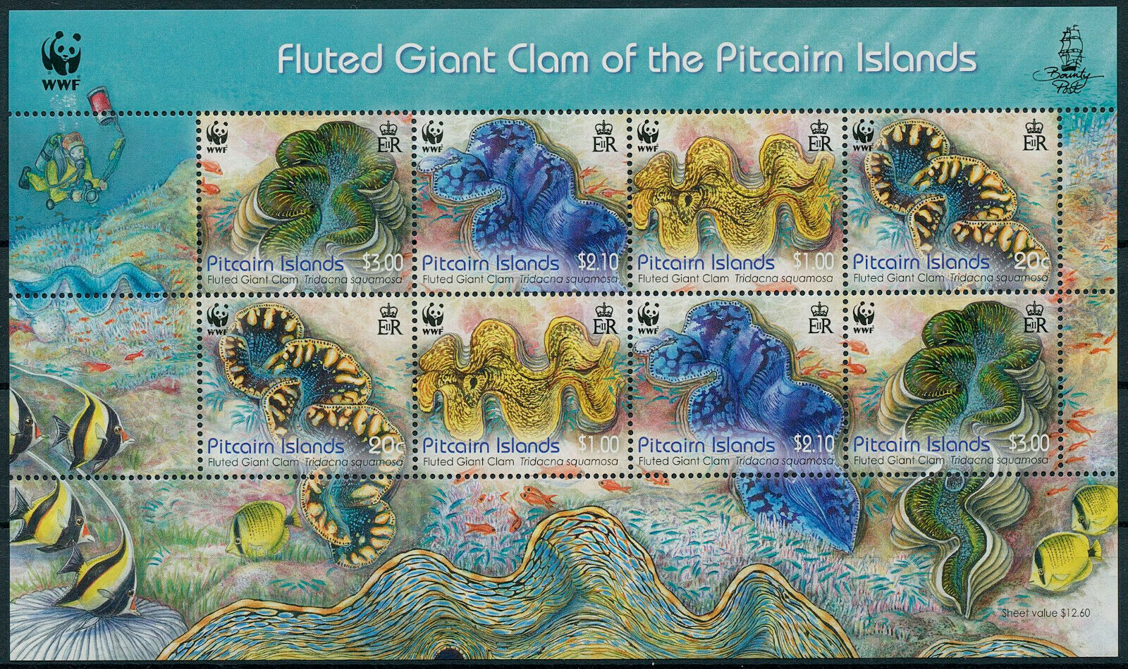 Pitcairn Islands 2012 MNH WWF Stamps Fluted Giant Clam Marine Animals 8v M/S