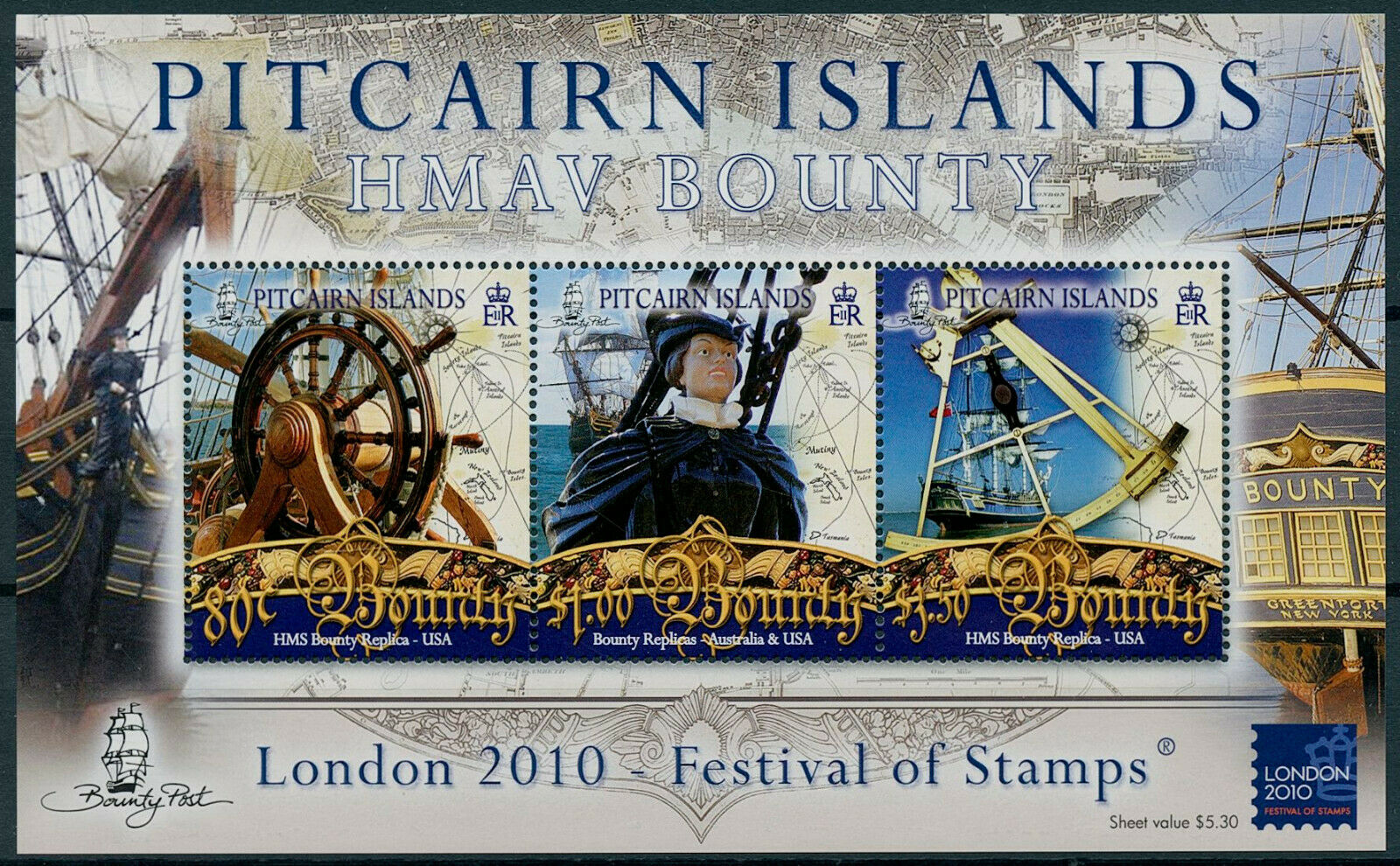 Pitcairn Islands 2010 MNH Ships Stamps HMAV Bounty Replica London 2010 3v M/S