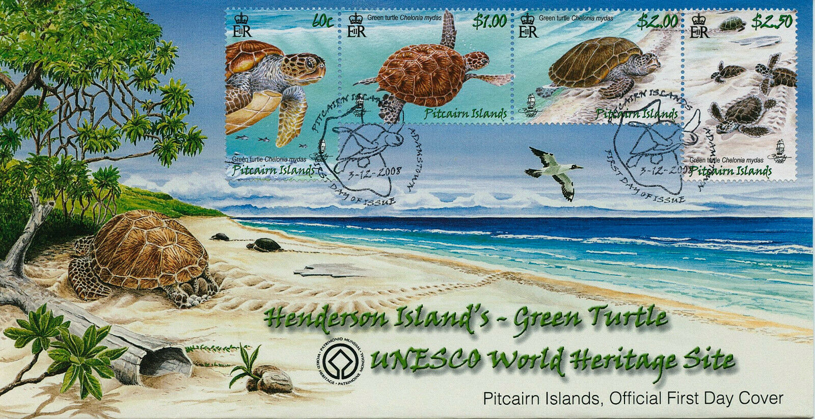 Pitcairn Islands 2008 FDC UNESCO Stamps Green Turtles of Henderson Island 4v Set