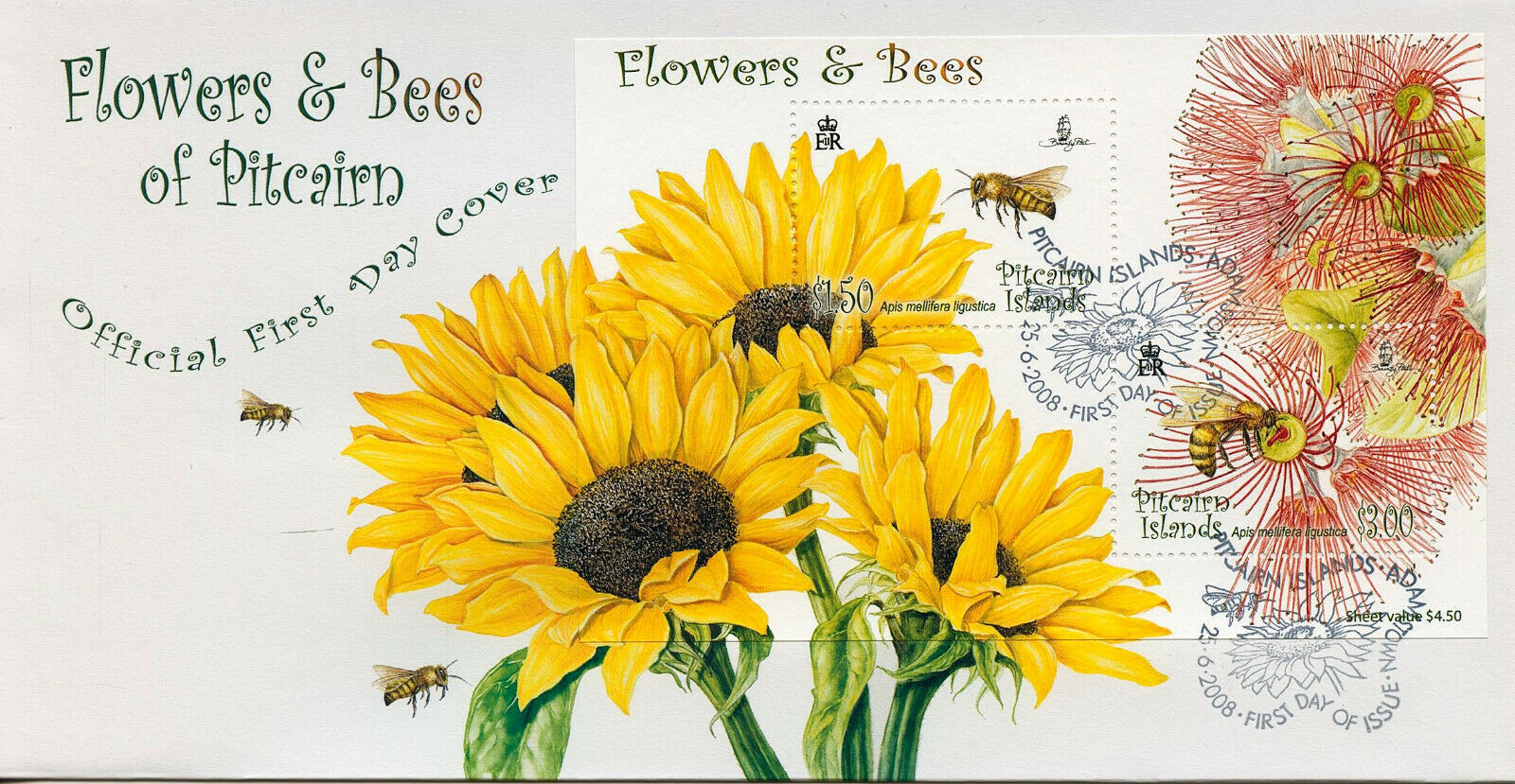 Pitcairn Islands 2008 FDC Flowers & Bees Stamps Honey Bee Flora Insects 2v M/S