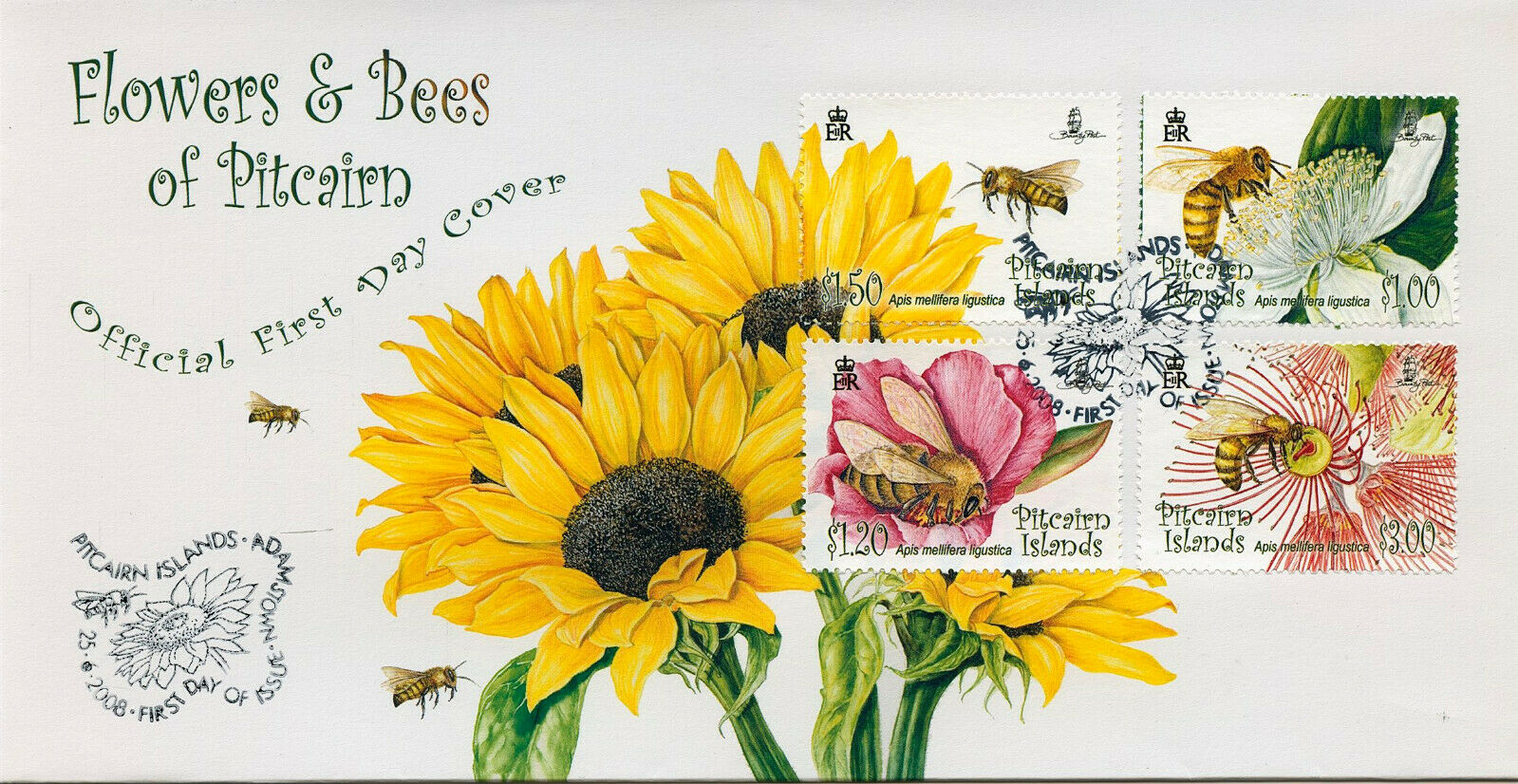 Pitcairn Islands 2008 FDC Flowers & Bees Stamps Honey Bee Flora Insects 4v Set