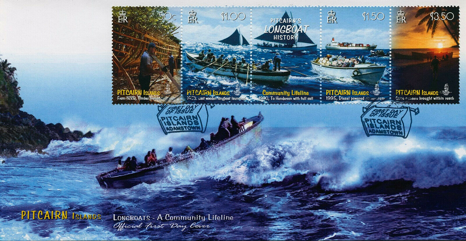 Pitcairn Islands 2008 FDC Nautical Stamps Pitcairn's Longboat History 4v Strip