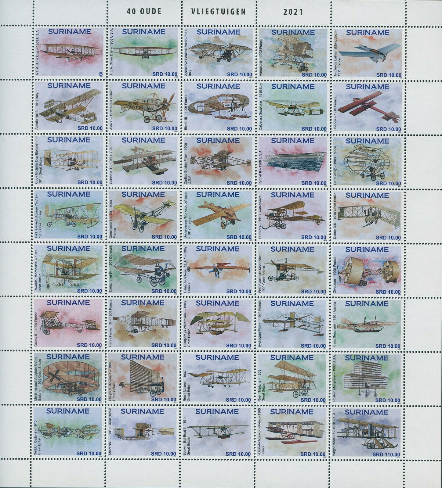 Suriname 2021 MNH Aviation Stamps Classic Aircraft Biplanes Sopwith 40v M/S