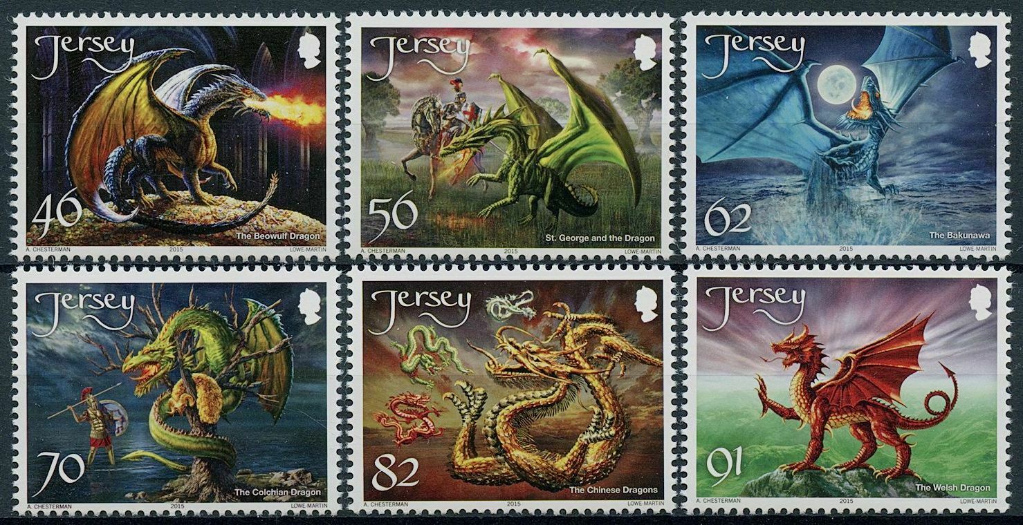 Jersey 2015 MNH Mythology Stamps Dragons Beowulf Welsh Dragon St George 6v Set