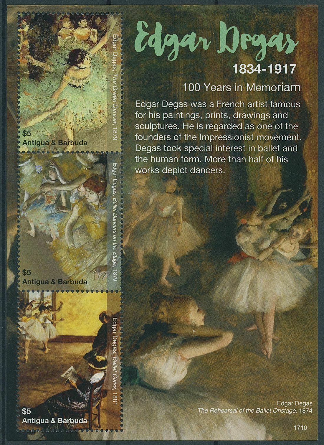 Antigua & Barbuda 2017 MNH Art Stamps Edgar Degas Paintings Ballet Class 3v M/S