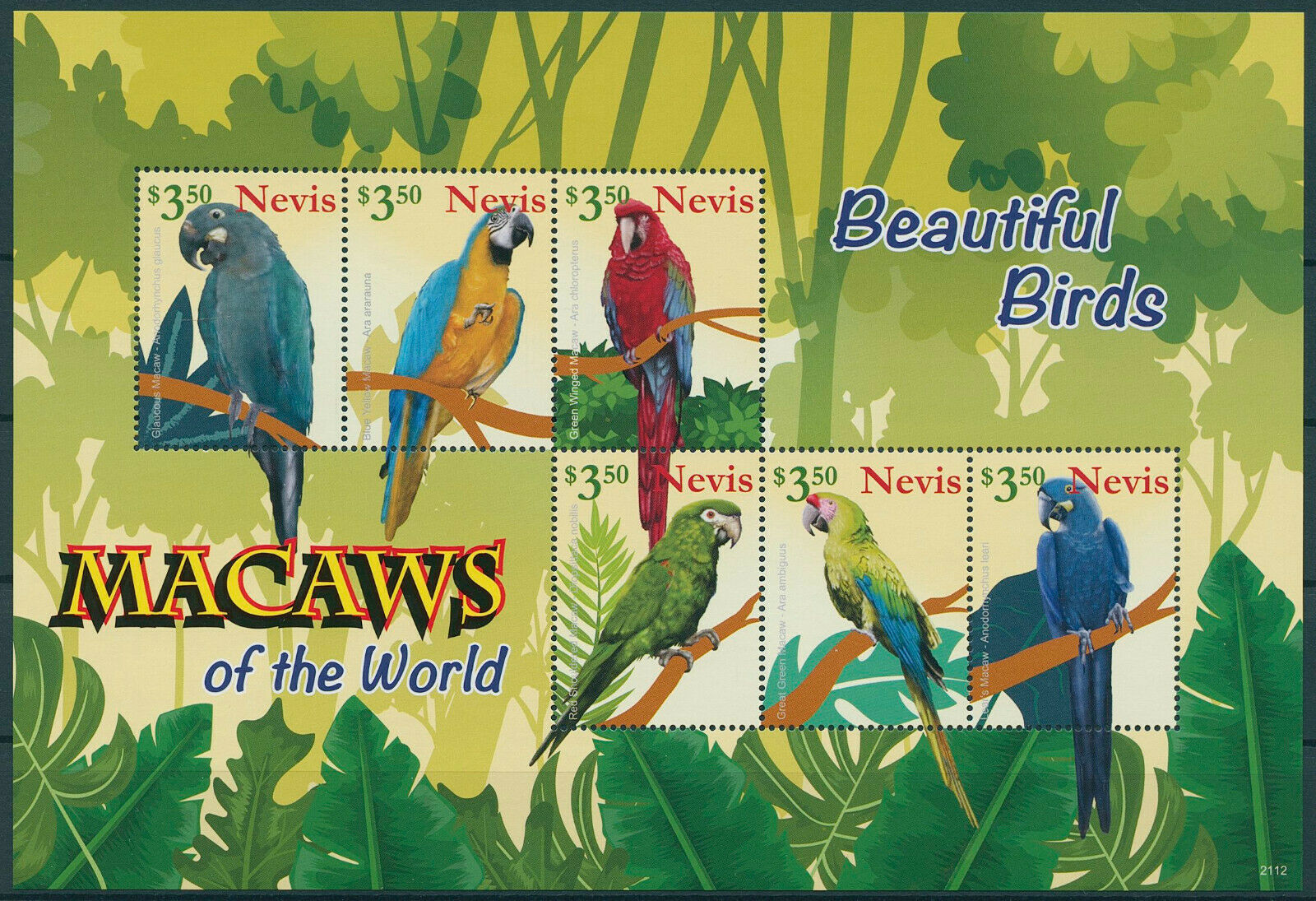 Nevis 2021 MNH Birds on Stamps Macaws of World Parrots Lear's Macaw 6v M/S
