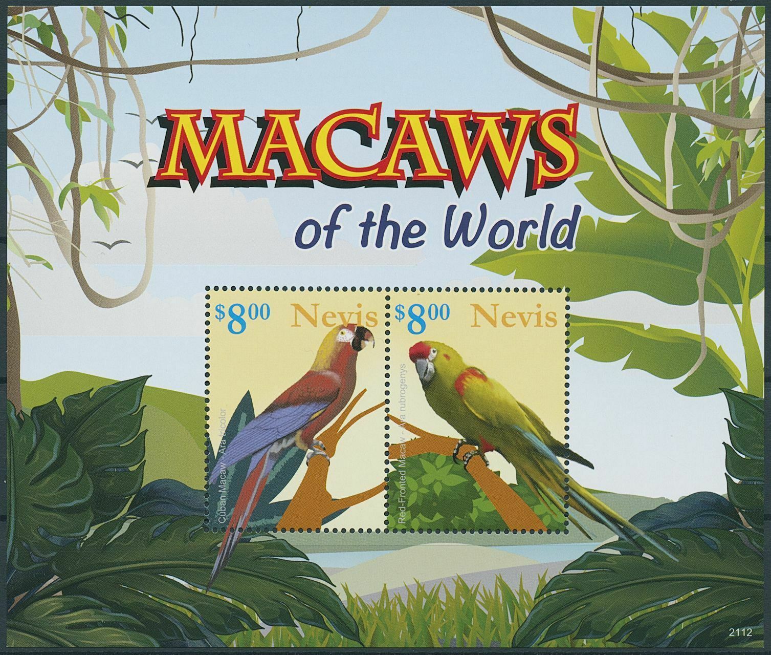 Nevis 2021 MNH Birds on Stamps Macaws of World Parrots Red-Fronted Macaw 2v S/S