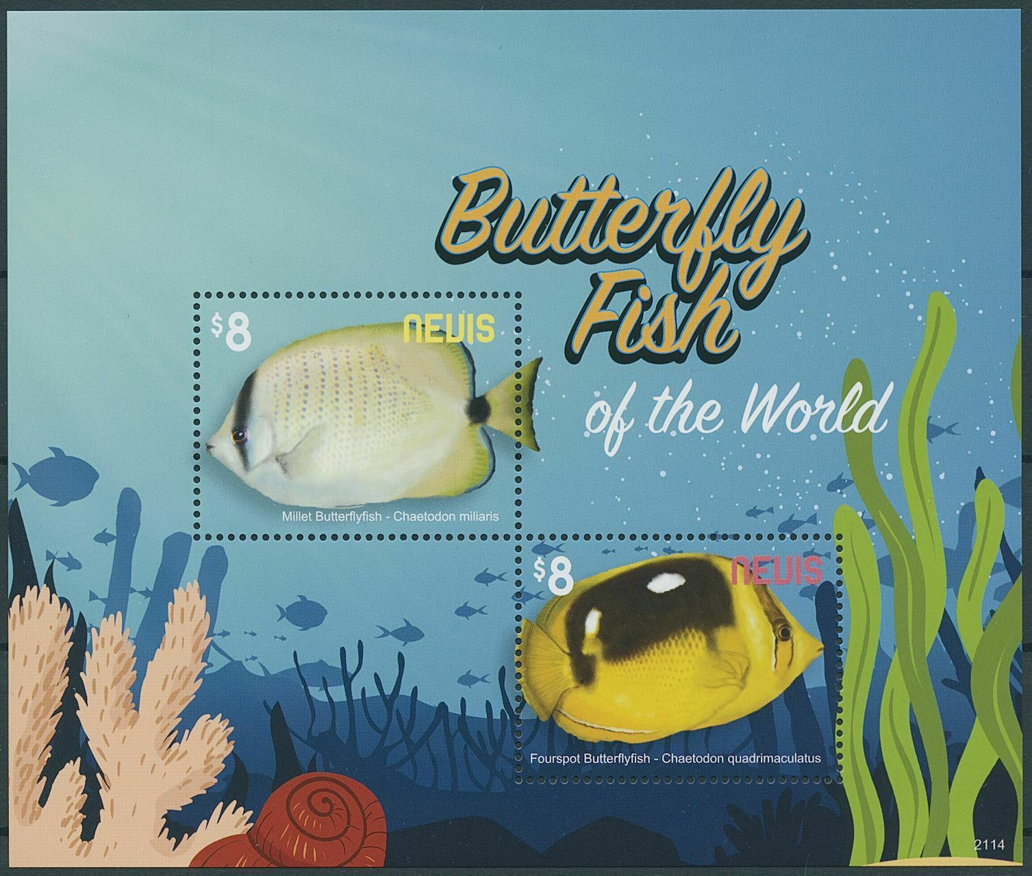 Nevis 2021 MNH Fish Stamps Butterflyfish of World Fishes 2v S/S