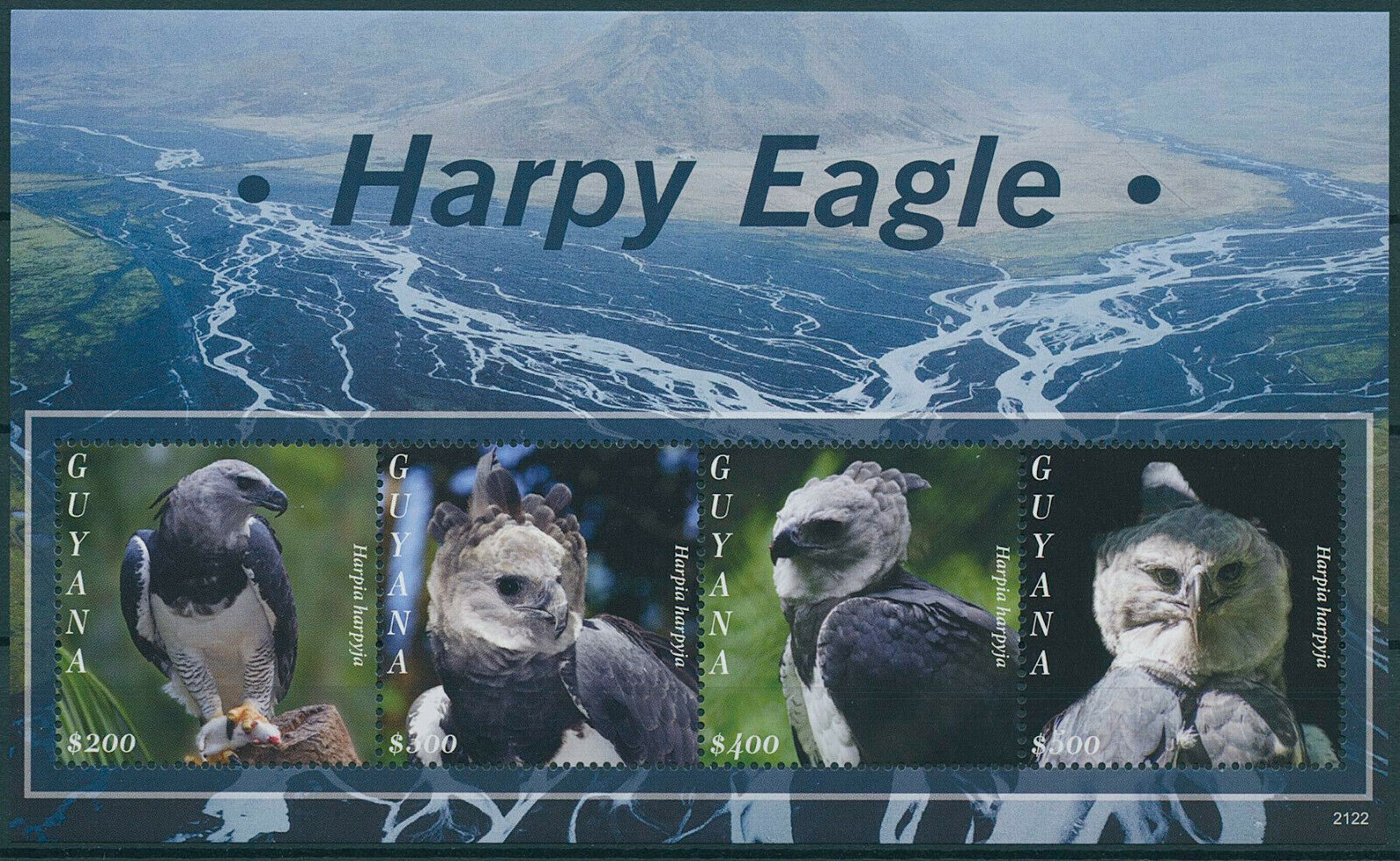 Guyana 2021 MNH Birds of Prey on Stamps Harpy Eagle Eagles Raptors 4v M/S