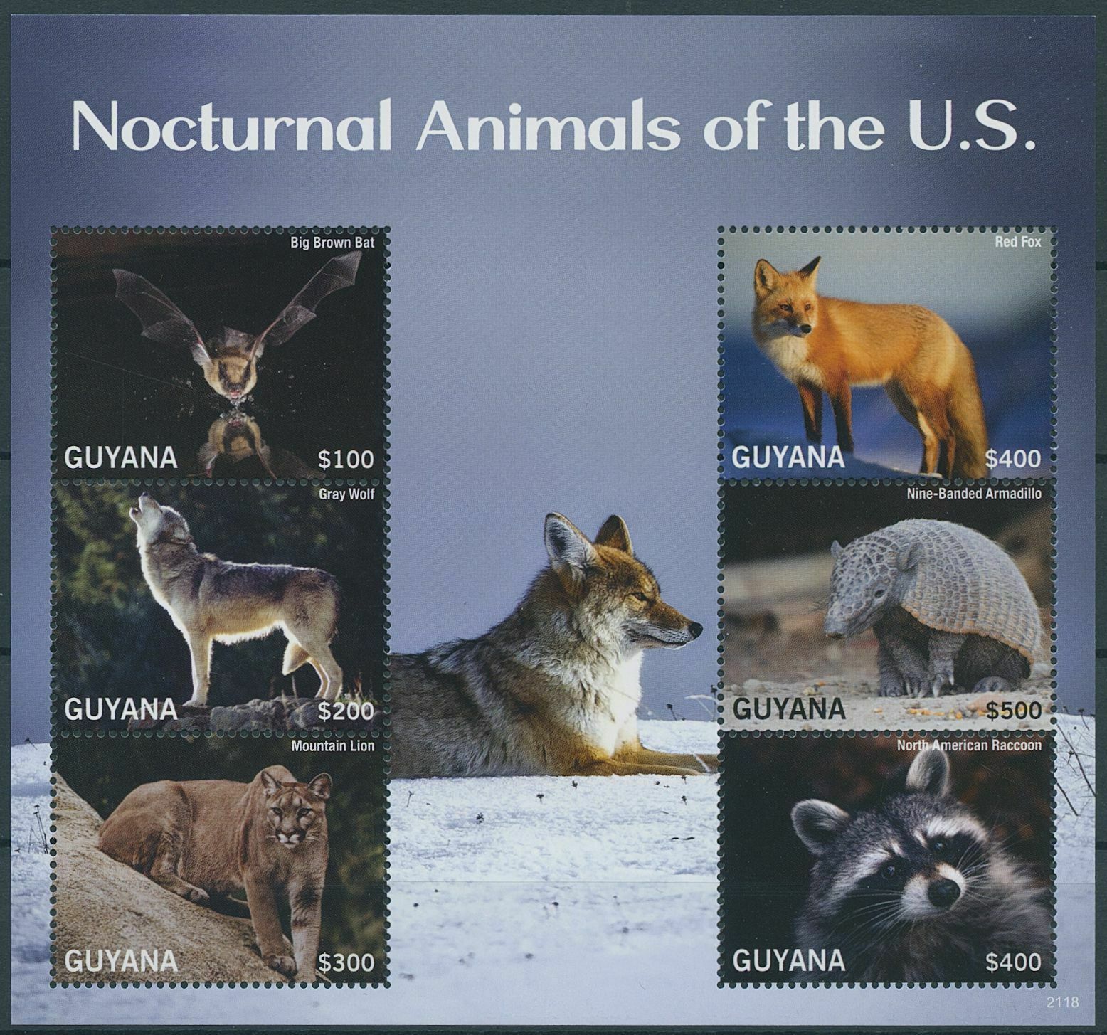 Guyana 2021 MNH Wild Animals Stamps Nocturnal Animals Bats Foxes Armadillo 6v MS