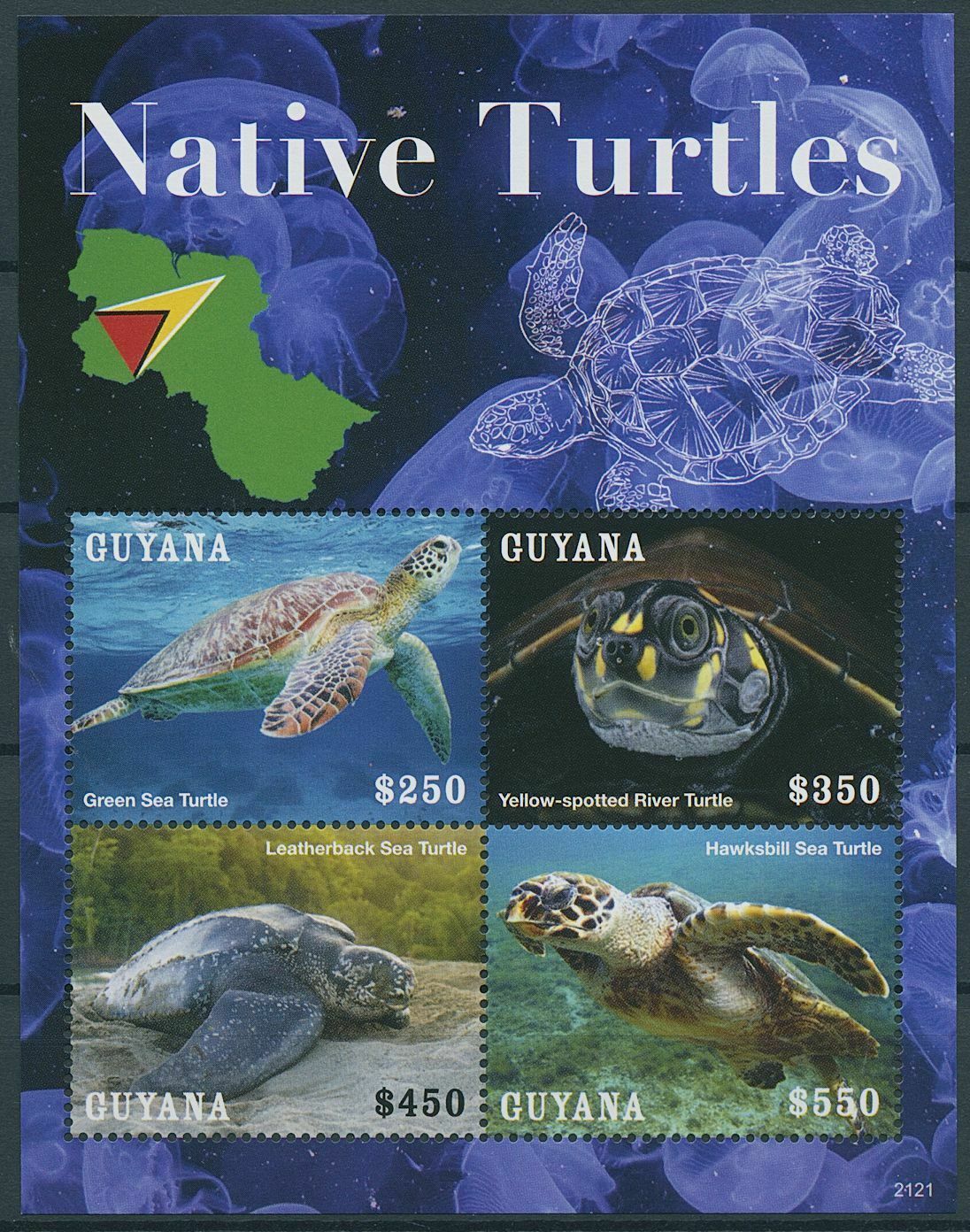 Guyana 2021 MNH Native Turtles Stamps Hawksbill Leatherback Sea Turtle 4v M/S