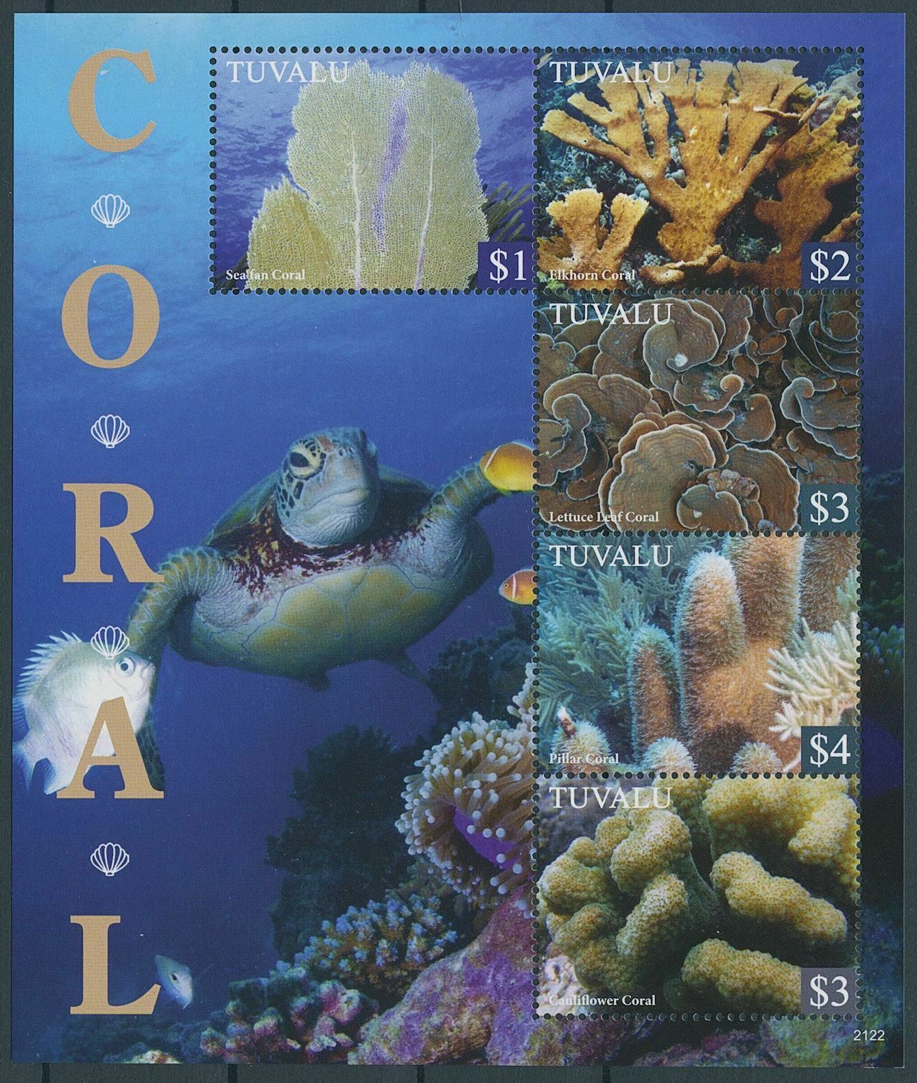 Tuvalu 2021 MNH Marine Animals Stamps Corals Elkhorn Lettuce Leaf Coral 5v M/S