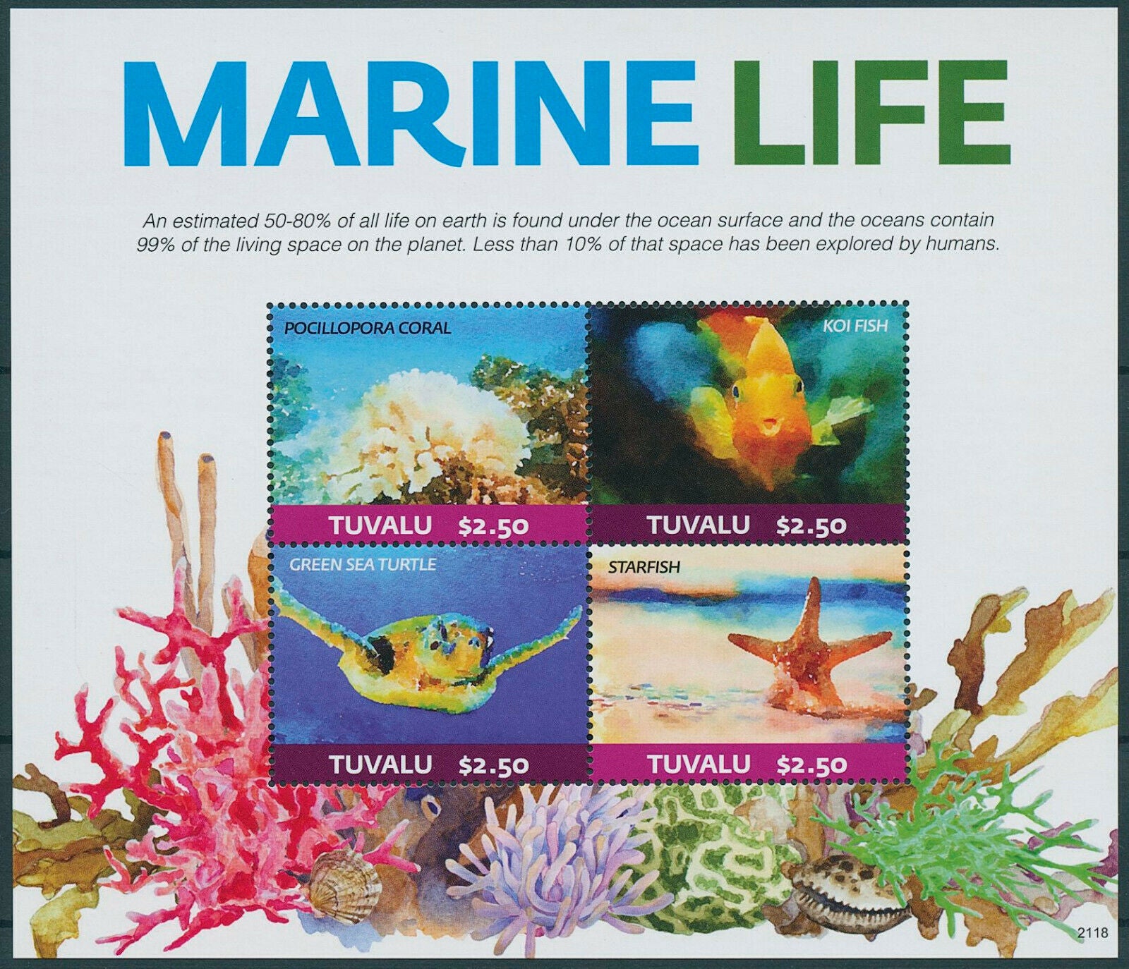 Tuvalu 2021 MNH Marine Animals Stamps Marine Life Turtles Fish Corals 4v M/S