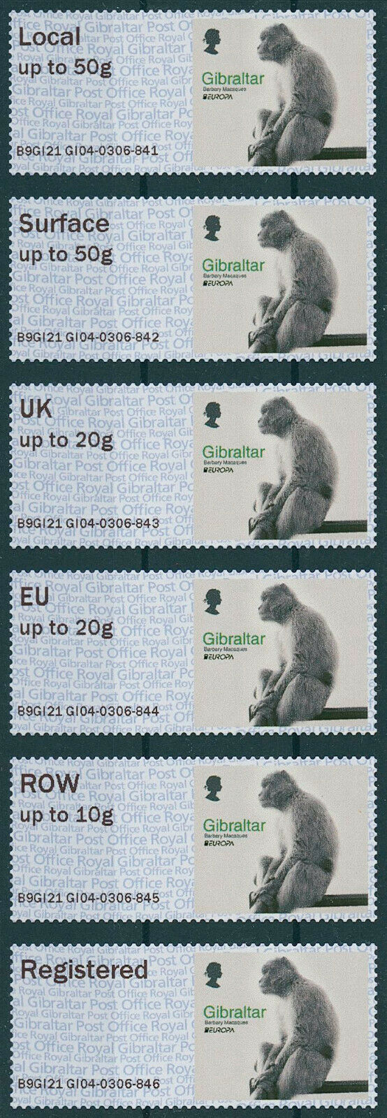 Gibraltar 2021 MNH Post & Go Stamps GI04 Europa Barbary Macaques 6v S/A Strip