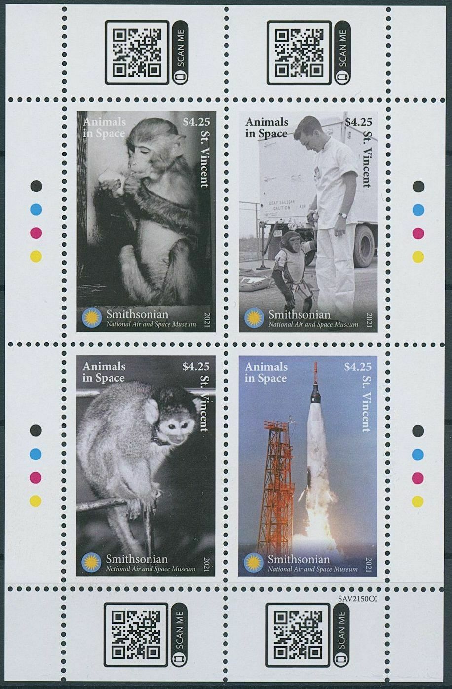 St Vincent & Grenadines 2021 MNH Animals in Space Stamps Smithsonian 4v M/S I