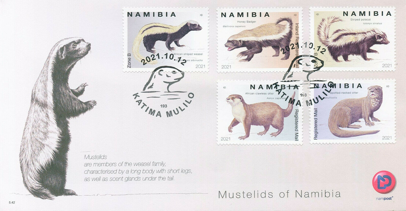 Namibia 2021 FDC Wild Animals Stamps Mustelids Weasels Badgers Otters 5v Set