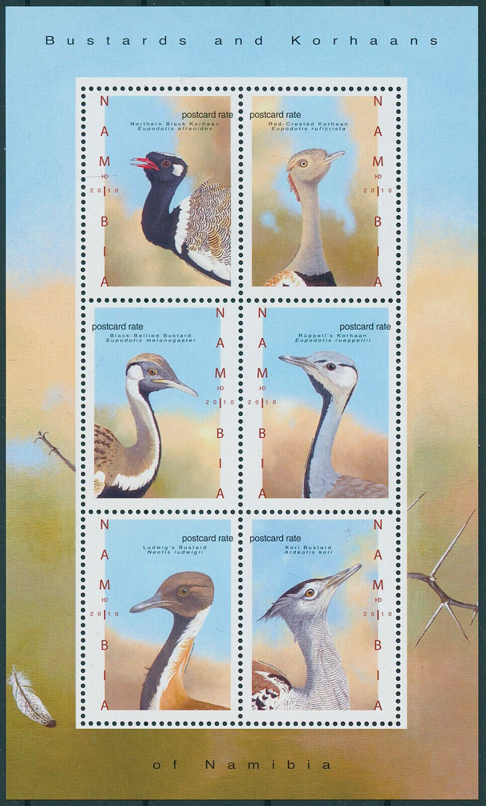 Namibia 2010 MNH Birds on Stamps Bustards & Korhaans Kori Bustard 6v M/S