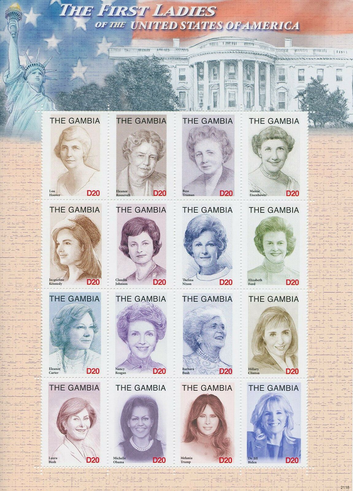 Gambia 2021 MNH People Stamps First Ladies USA Jill Biden Jackie Kennedy 16v M/S