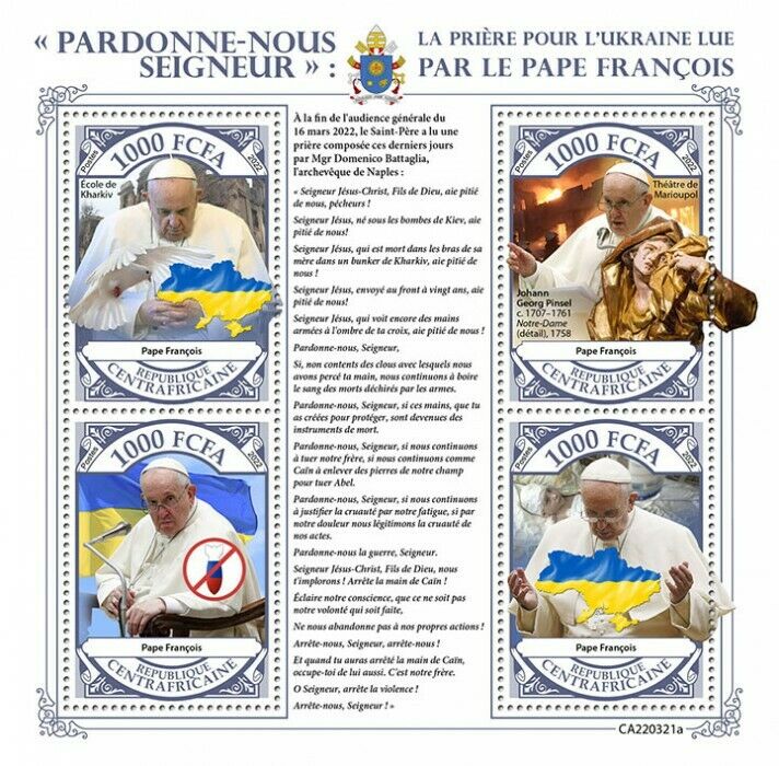 Central African Rep 2022 MNH Pope Francis Stamps Prayer for Ukraine 4v M/S