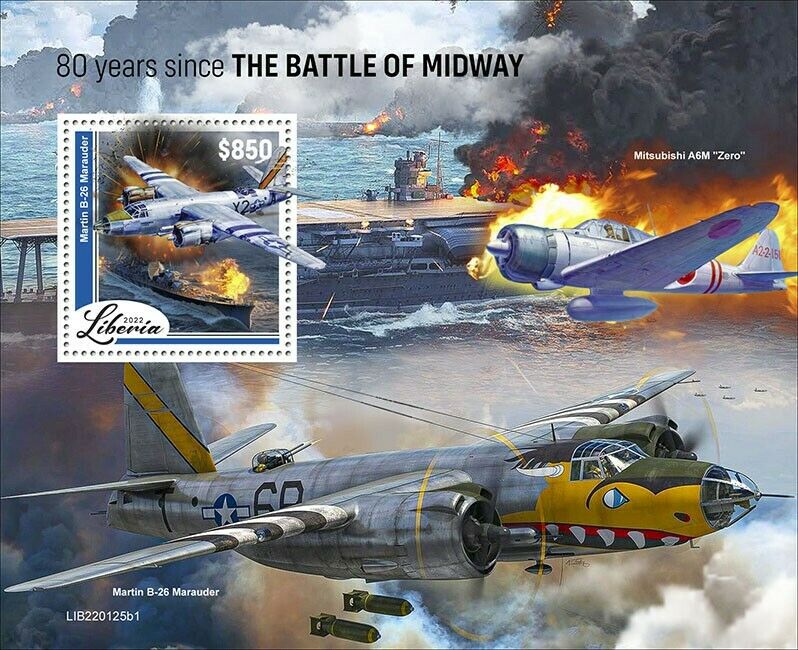 Liberia 2022 MNH Military Stamps WWII WW2 Battle of Midway Martin B-26 1v S/S I