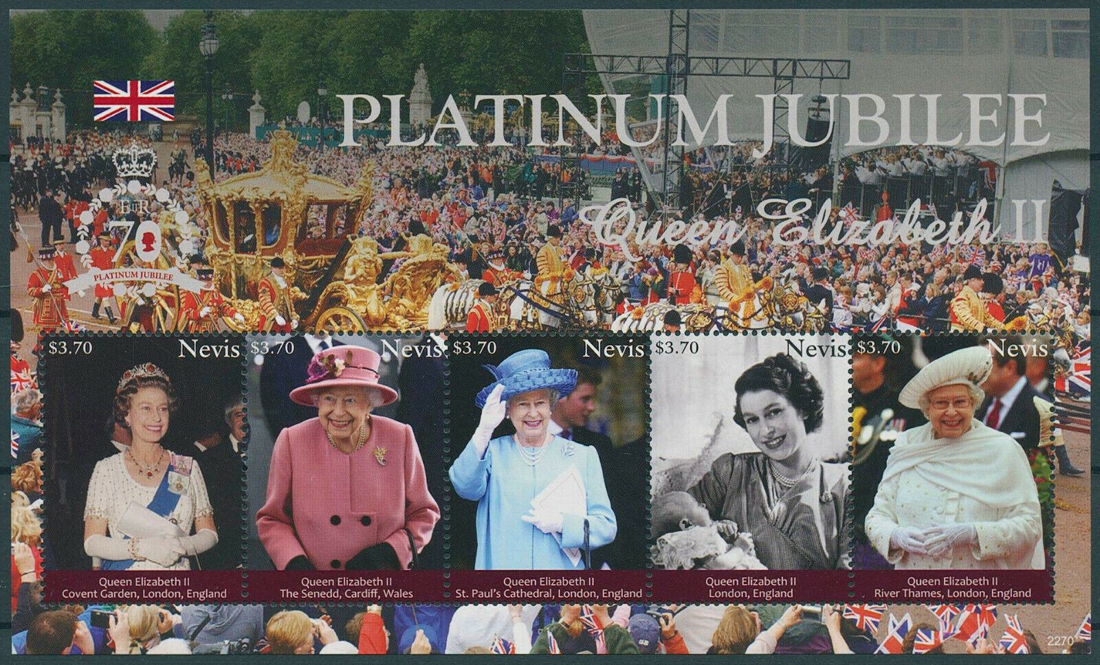 Nevis 2022 MNH Royalty Stamps Queen Elizabeth II Platinum Jubilee 5v M/S