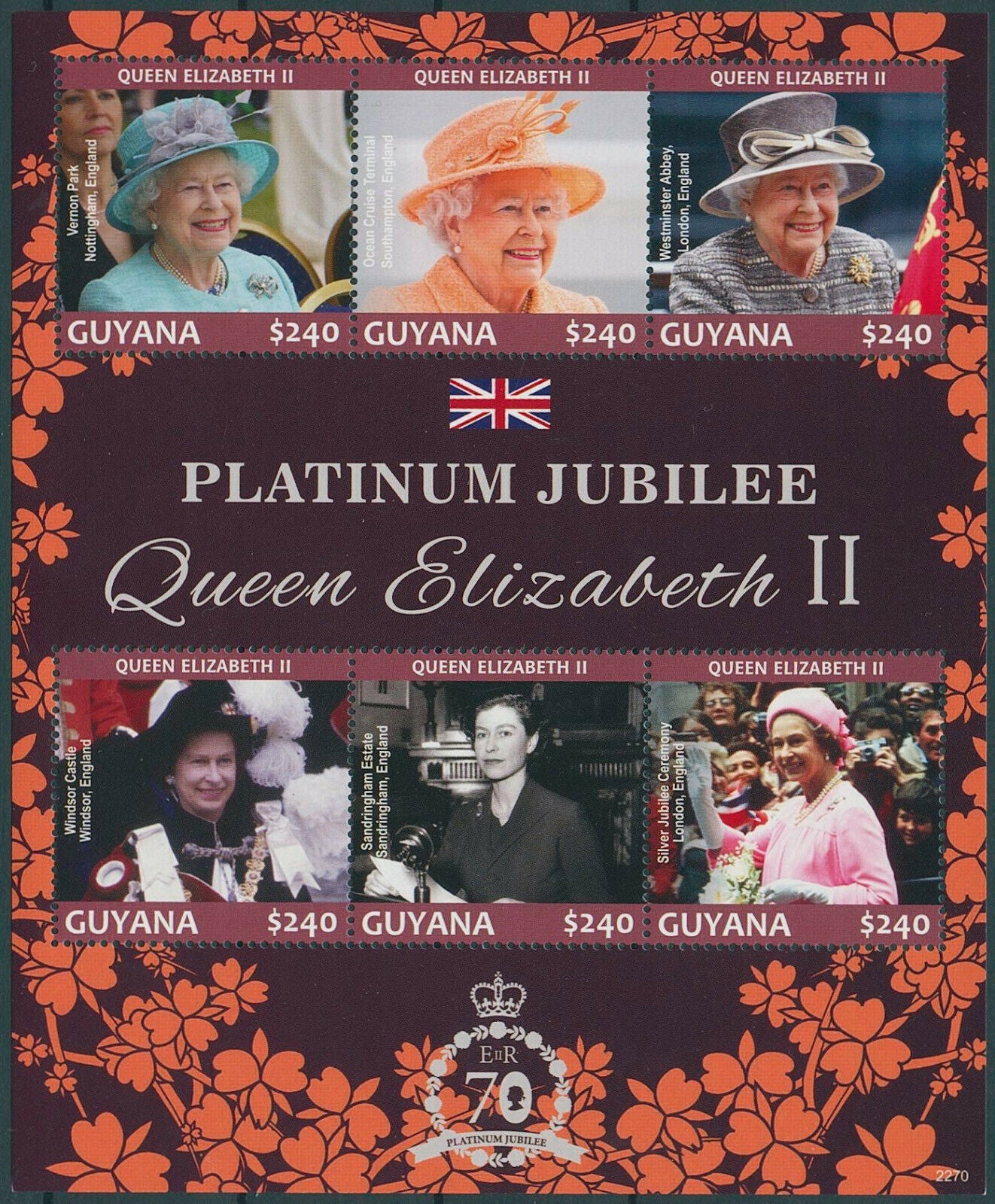 Guyana 2022 MNH Royalty Stamps Queen Elizabeth II Platinum Jubilee 6v M/S