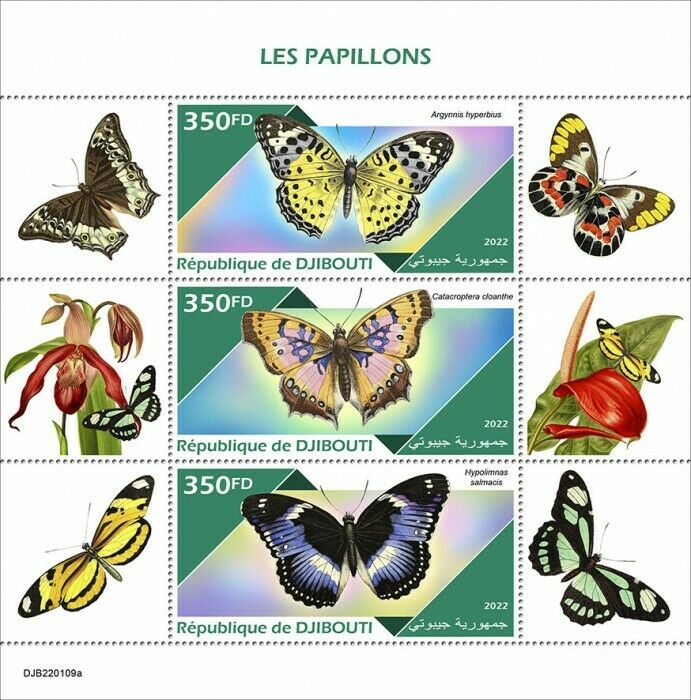 Djibouti 2022 MNH Butterflies Stamps Blue Diadem Fritillary Butterfly 3v M/S
