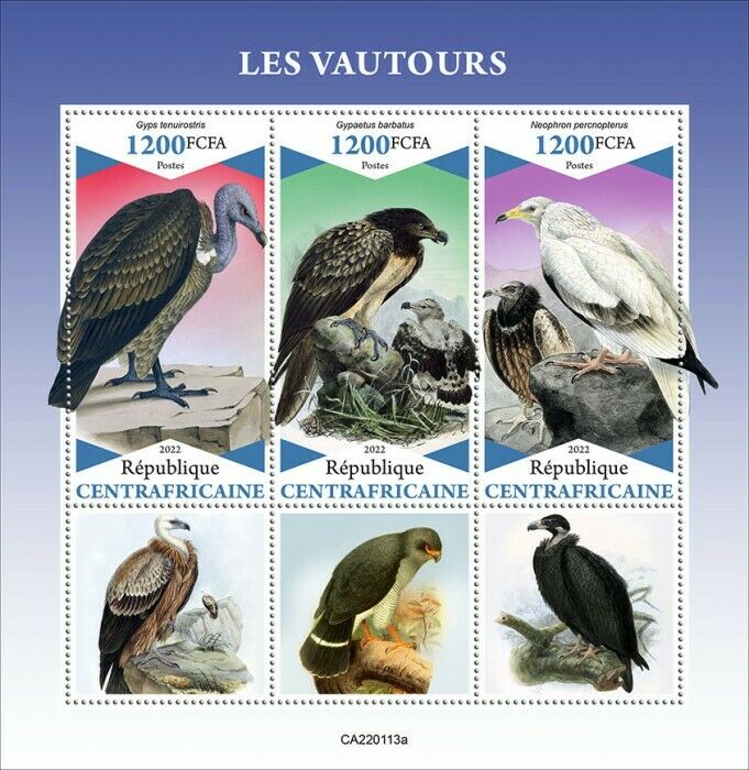 Central African Rep 2022 MNH Birds of Prey on Stamps Vultures Vulture 3v M/S