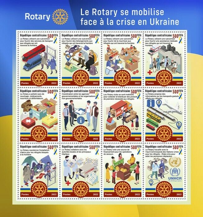 Central African Rep 2022 MNH Peace for Ukraine Stamps Rotary Intl 12v M/S