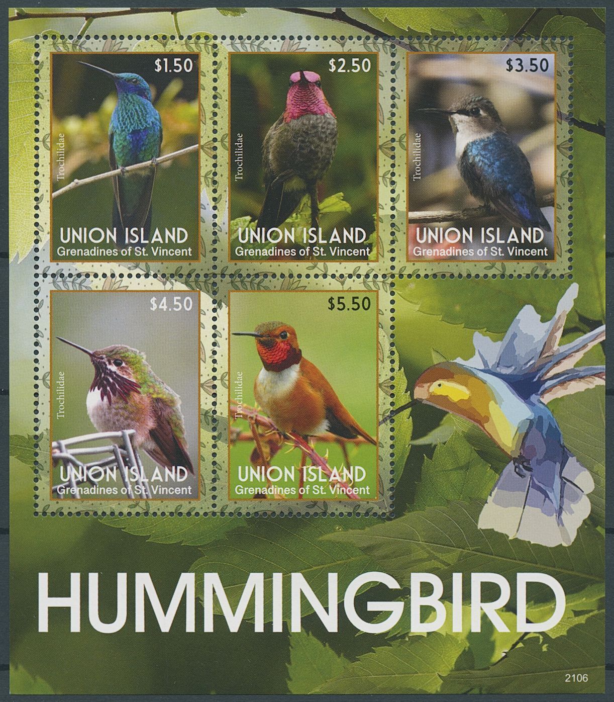 Union Island Gren St Vincent 2021 MNH Birds on Stamps Hummingbirds 5v M/S