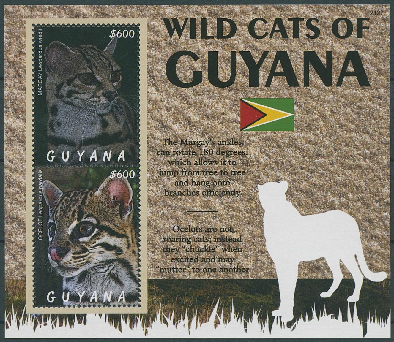 Guyana 2021 MNH Wild Animals Stamps Wild Cats Margay Ocelot 2v S/S