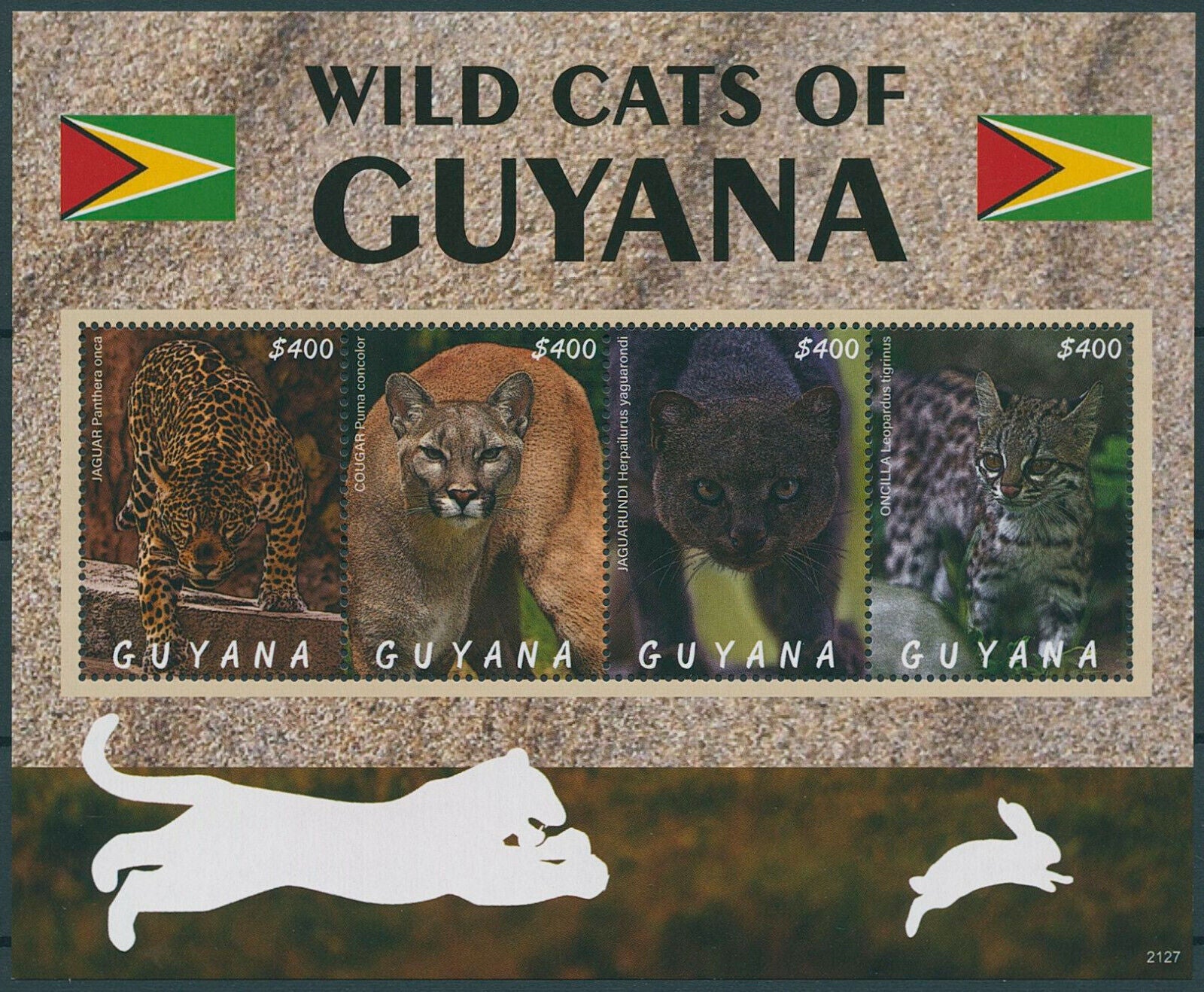 Guyana 2021 MNH Wild Animals Stamps Wild Cats Jaguarundi Oncilla Jaguar 4v M/S