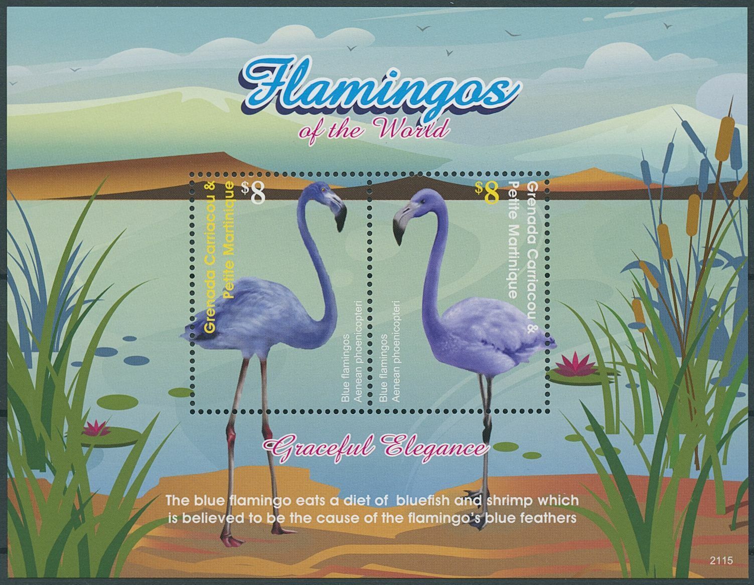 Grenadines Grenada 2021 MNH Birds on Stamps Flamingos Blue Flamingo 2v S/S