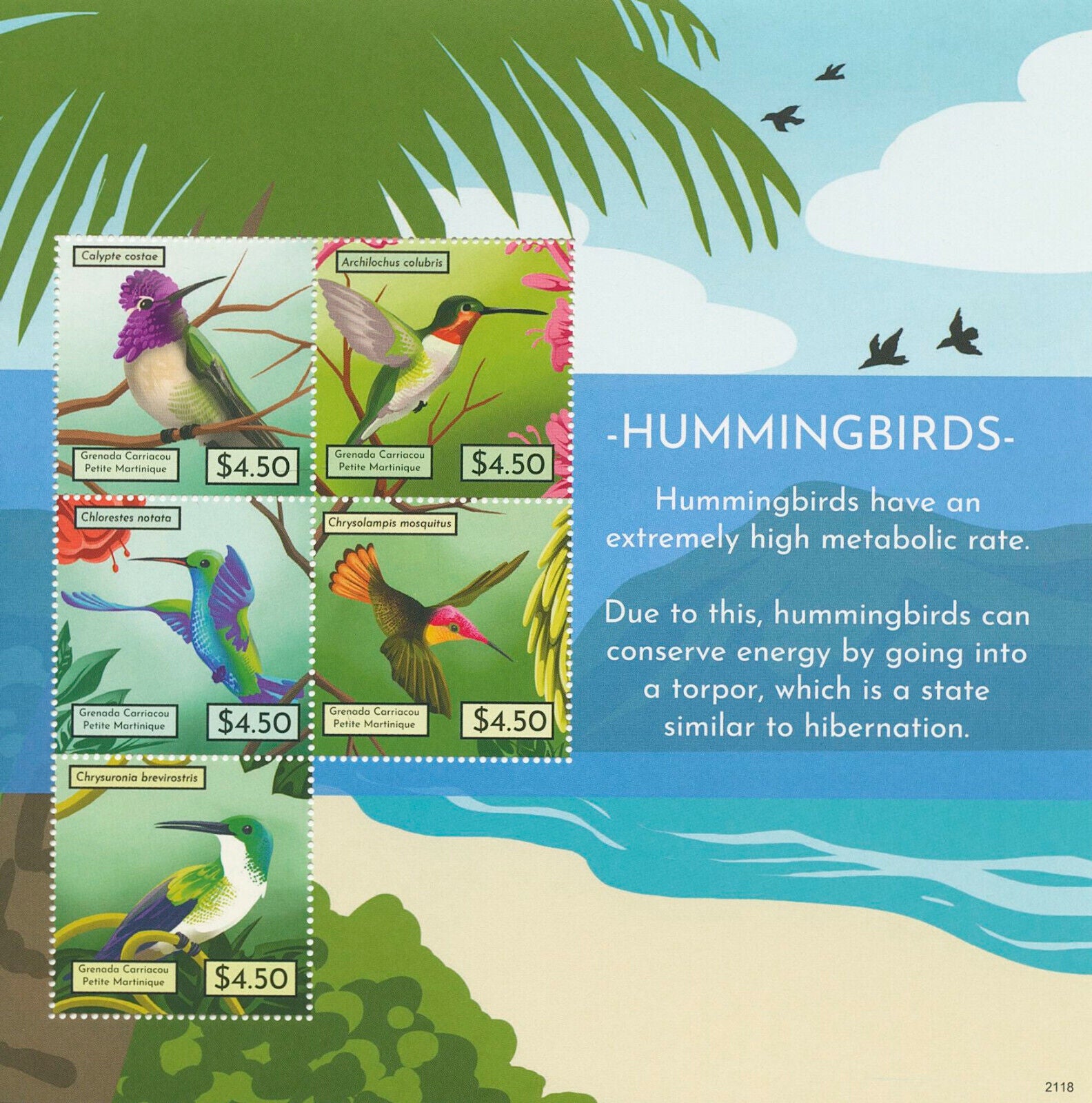 Grenadines Grenada 2021 MNH Birds on Stamps Hummingbirds Hummingbird 5v M/S