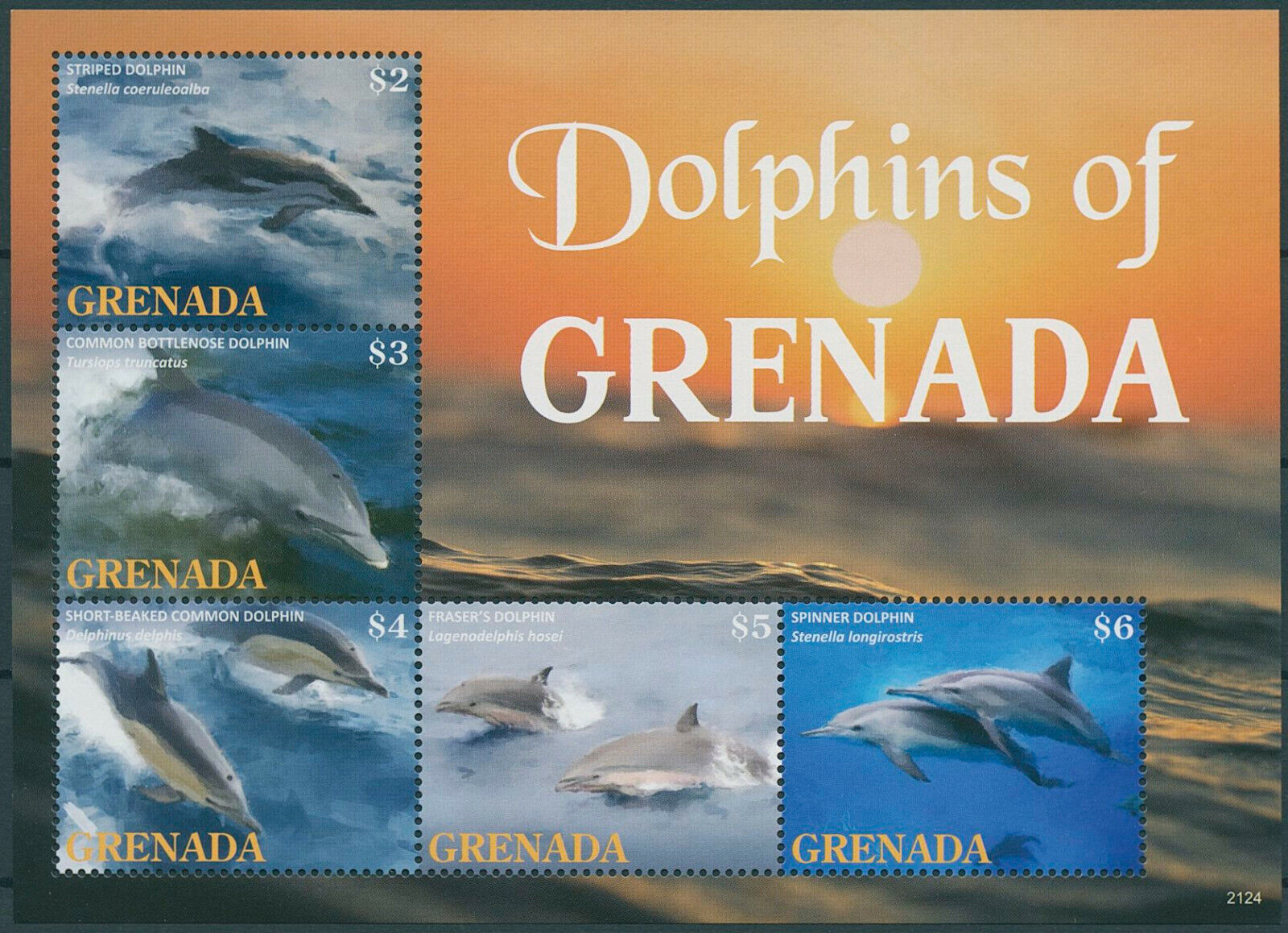 Grenada 2021 MNH Marine Animals Stamps Dolphins Striped Bottlenose Dolphin 5v M/S
