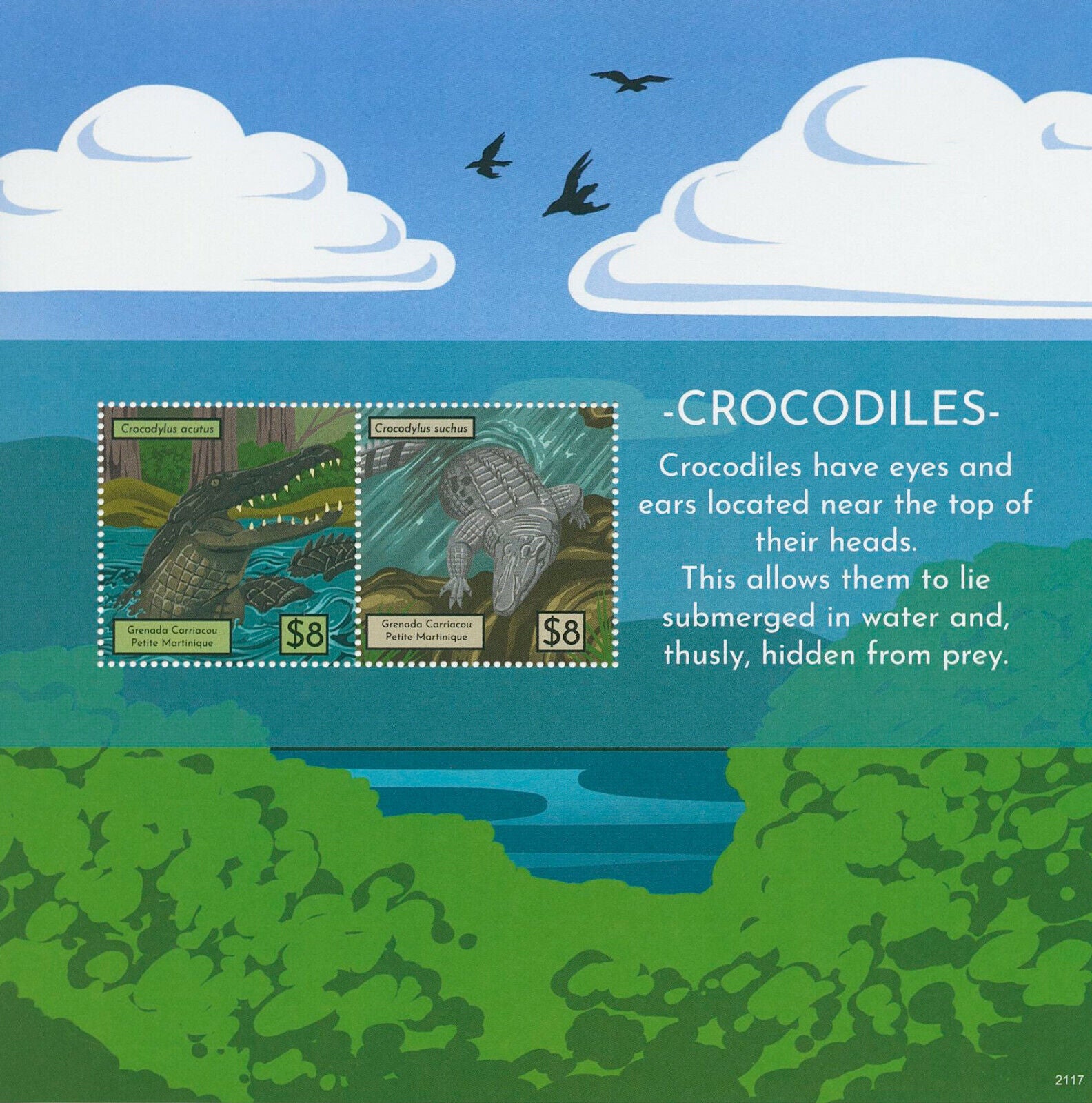 Grenadines Grenada 2021 MNH Reptiles Stamps Crocodiles Crocodile 2v S/S